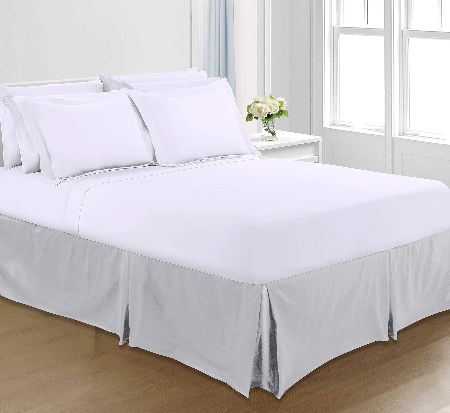 Sapphire Collection PLAIN DYED POLY COTTON PLEATED PLATFORM BASE VALANCE SHEETS (Single, Silver)