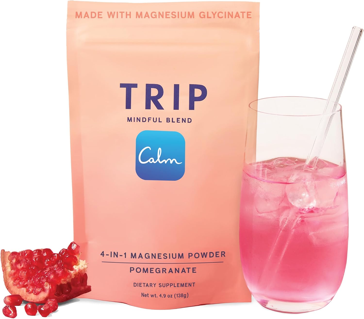 TRIP Calm Magnesium Glycinate Powder, Relaxation Drink Mix Pomegranate 30ct