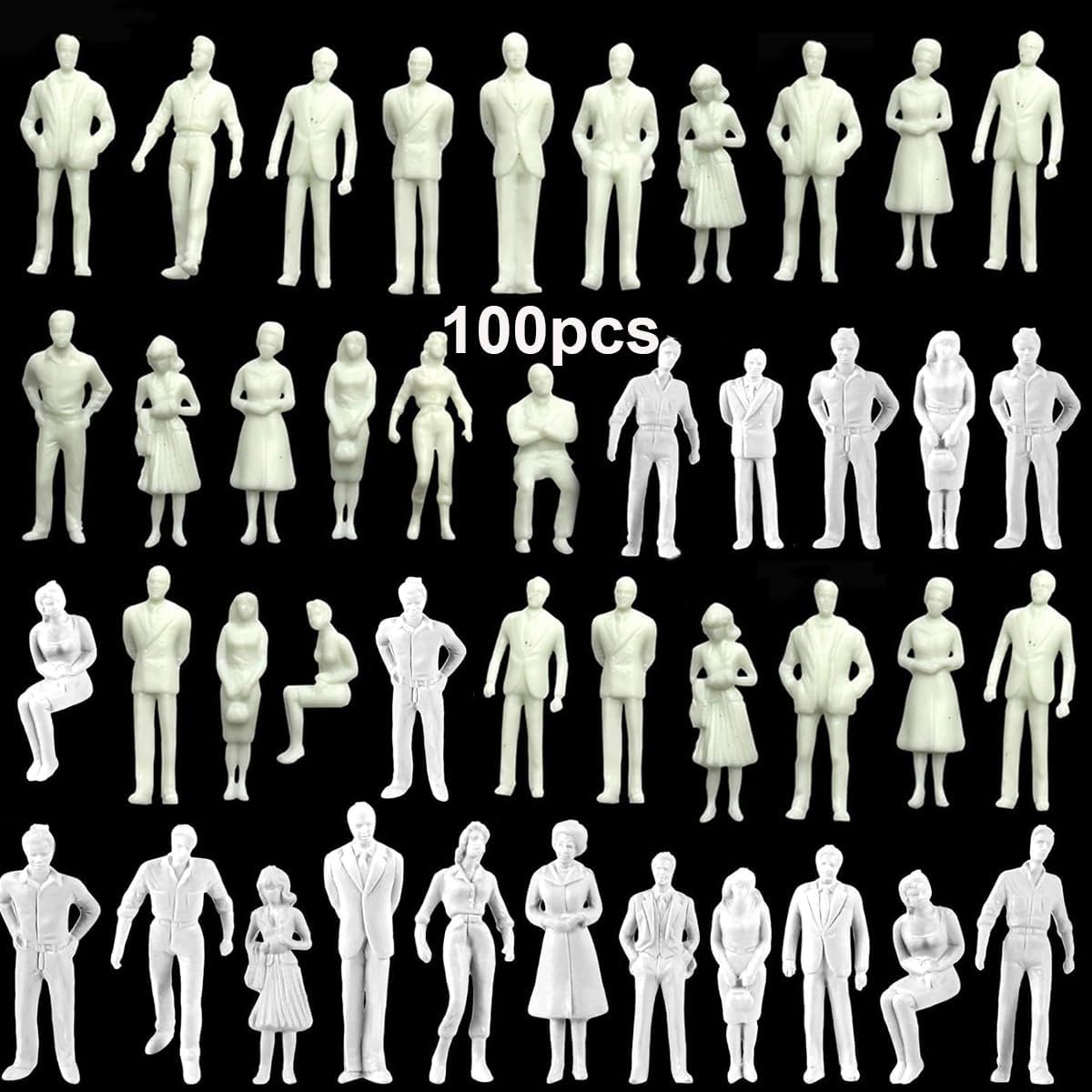 Kinearcharms 100PCs Unpainted Tiny People Figures, 1:50 Scale Model Trains Architectural O Scale Sitting and Standing Miniatures Figures