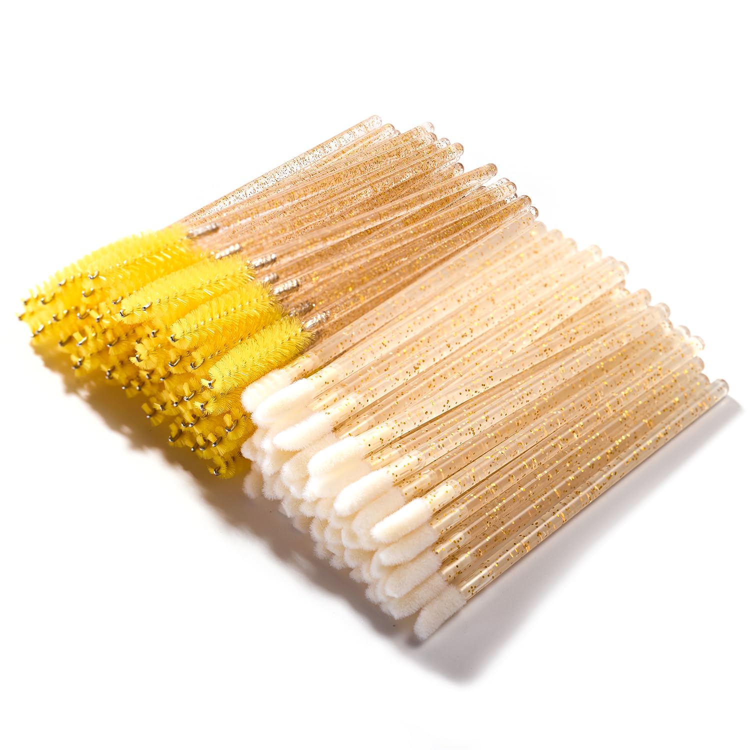 100PCS Disposable Makeup Brush Tool, Include 50 Lash Spoolies Mascara Brushes, 50 Crystal Lip Brushes, Disposable Applicators for Women Girls Beauty Eyebrow Eyelash Extension Makeup Kit, Yellow
