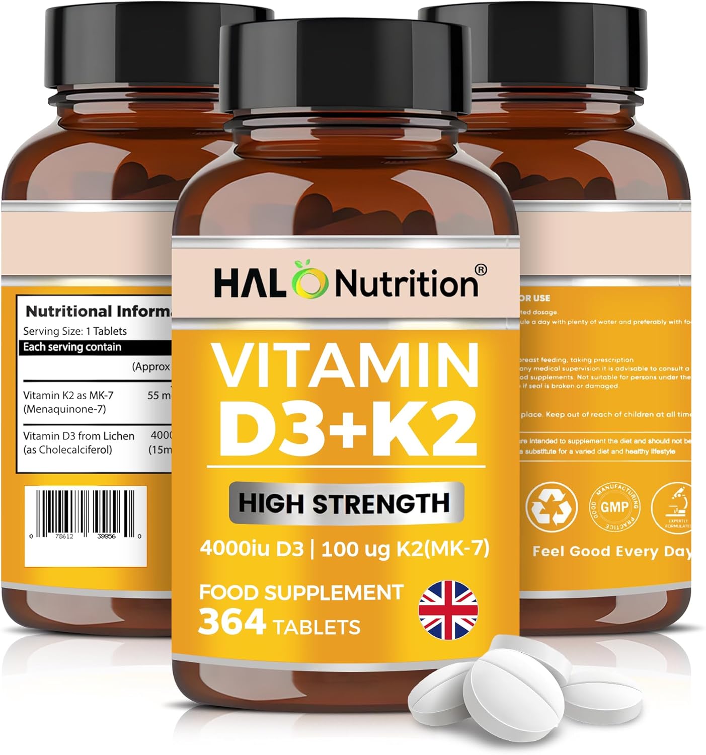 Vitamin D3 4000 iu & Vitamin K2 MK7 100μg - 1 Year Supply, 365 Easy-Swallow Vitamin D3 K2 Tablets, 1-A-Day High Strength Vegetarian D3 and K2 Vitamin Supplements, Vitamin D Tablets by Halo Nutrition