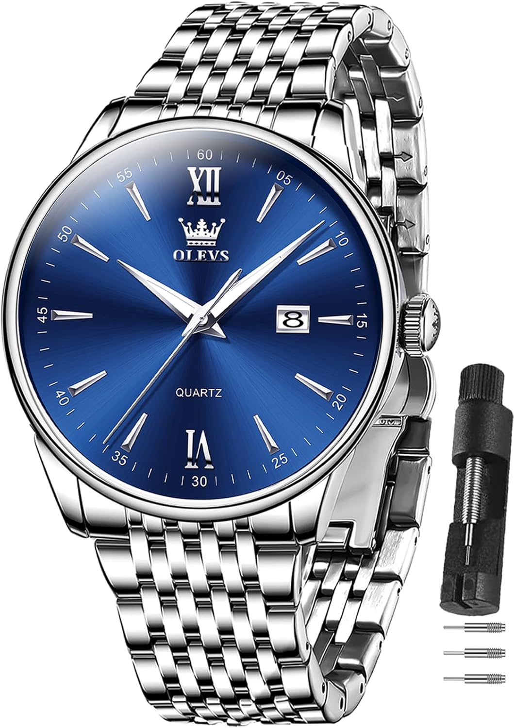 OLEVS Men's Watch,Classic Silver Watches for Men, Waterproof Stainless Steel Roman Numbers Men's Watch Easy to Read