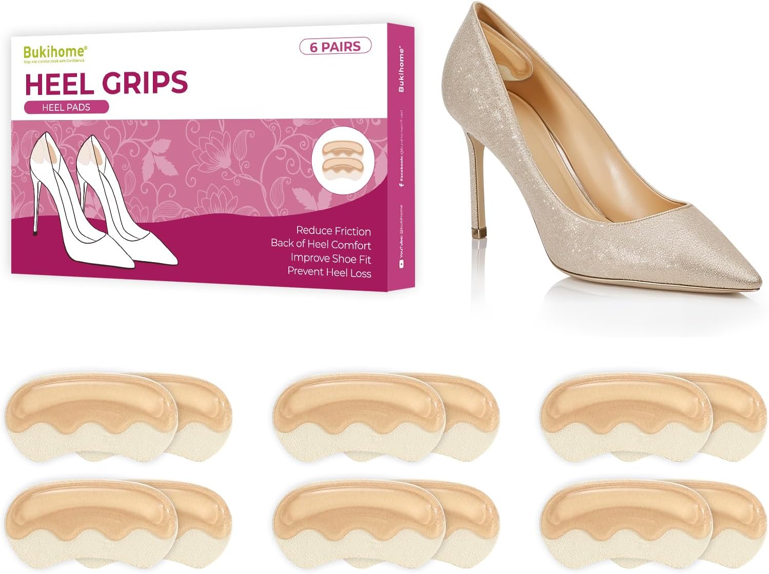Heel Pads Grips for Women Shoes - Bukihome Self-Adhesive Heel Cushion Inserts Prevent Slipping, Rubbing, Blisters, Foot Pain, Improve Shoe Fit - Gel Heel Pads for Shoes Too Big (Beige,6 Pairs)