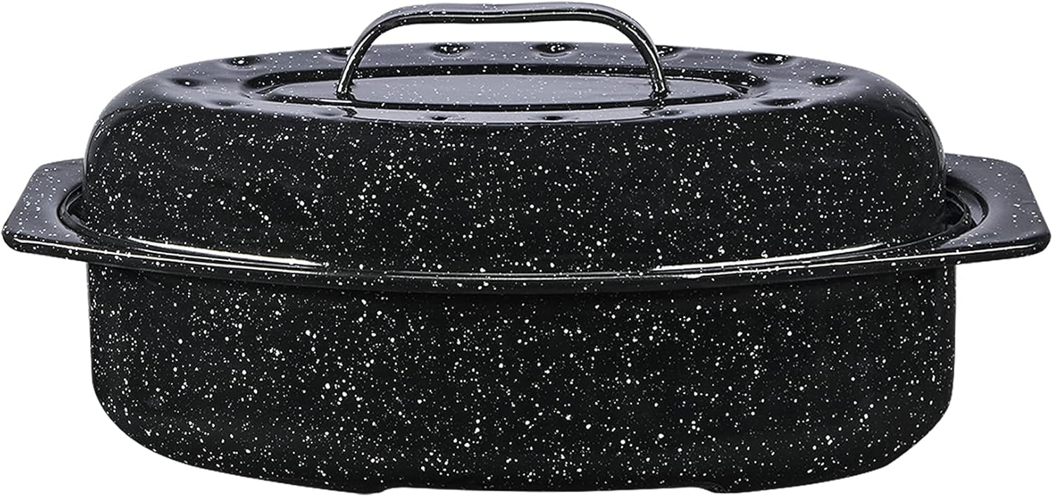 Granite Ware 13-inch oval roaster with Lid. Enameled steel design to accommodate up to 7 lb poultry/roast. Resists up to 932°F. Ideal for preparing meals for two!