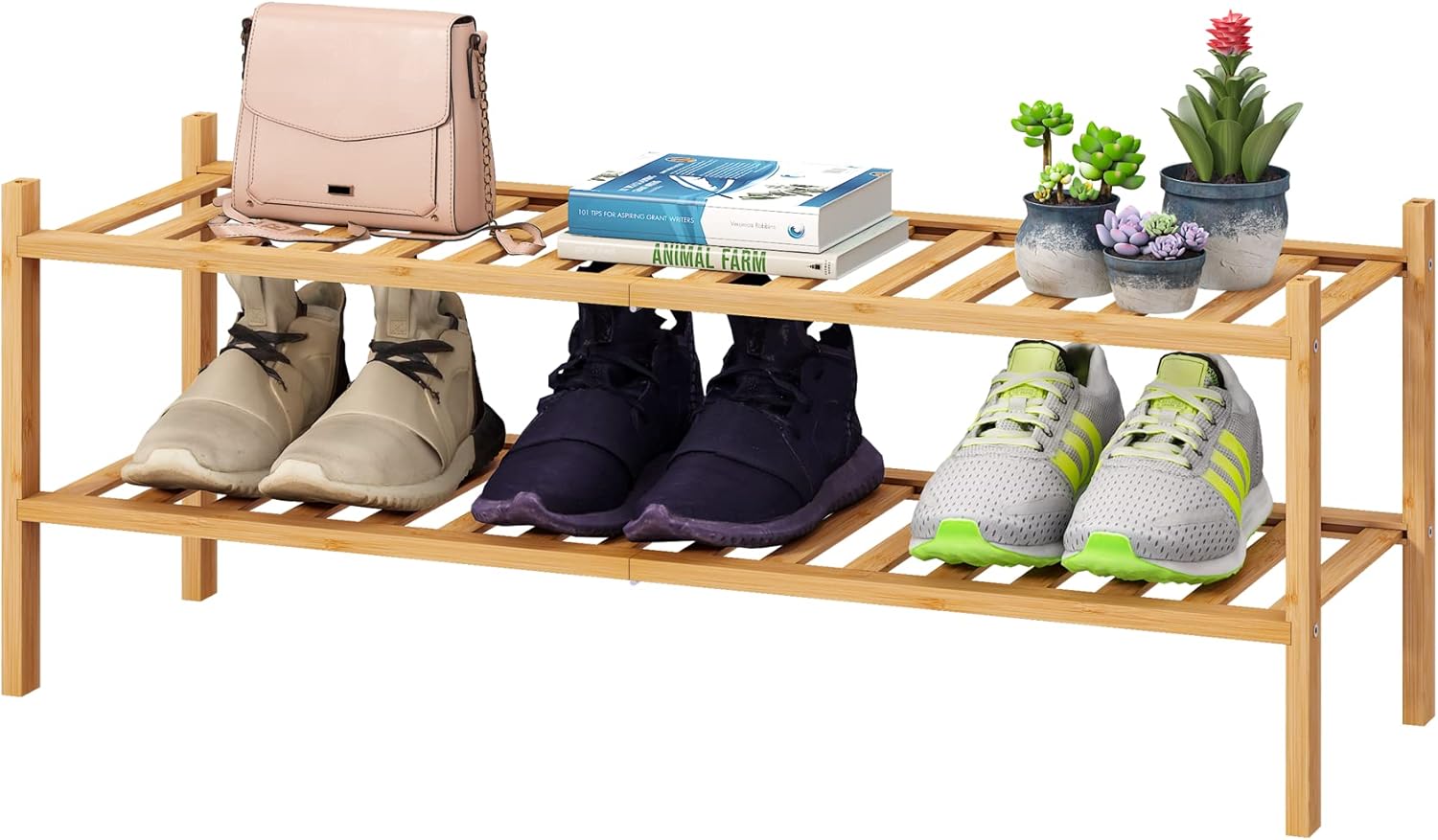 Shoe Rack, 2-Tier Long Shoe Rack for Entryway, Black Bamboo Wood Shoe Rack for Closet & Hallway, Long 33IN | Beautiful | Functional | Sturdy | Durable