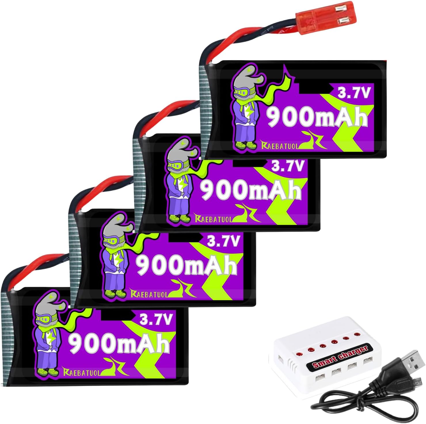 900mAh 3.7V 932540 Lipo Battery with JST Plug for MJX Syma Holy Stone Sky Viper RC Quadcopter Drone X56W X400 X400W X300C X400C X800 HS110 HS200 S670 V950hd S1750 V2450-4Pcs with Chargrer