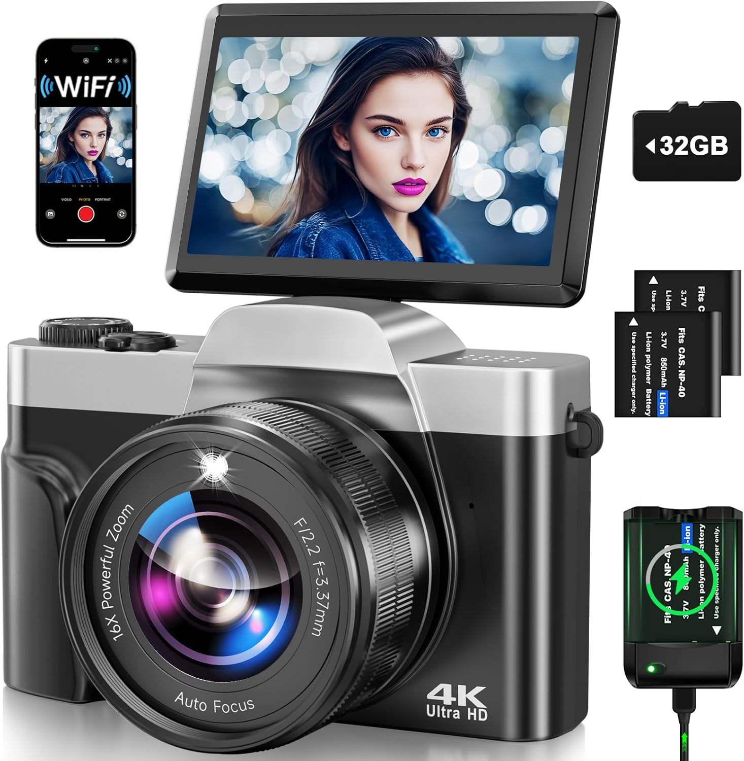 4K Digital Camera for Photography with WiFi, 2025 Latest Auto-Focus Vlogging Camera for YouTube Video 3'' 180° Flip Screen 16X Zoom Anti-Shake 4K Cameras with SD Card, 2 Batteries & Battery Charger