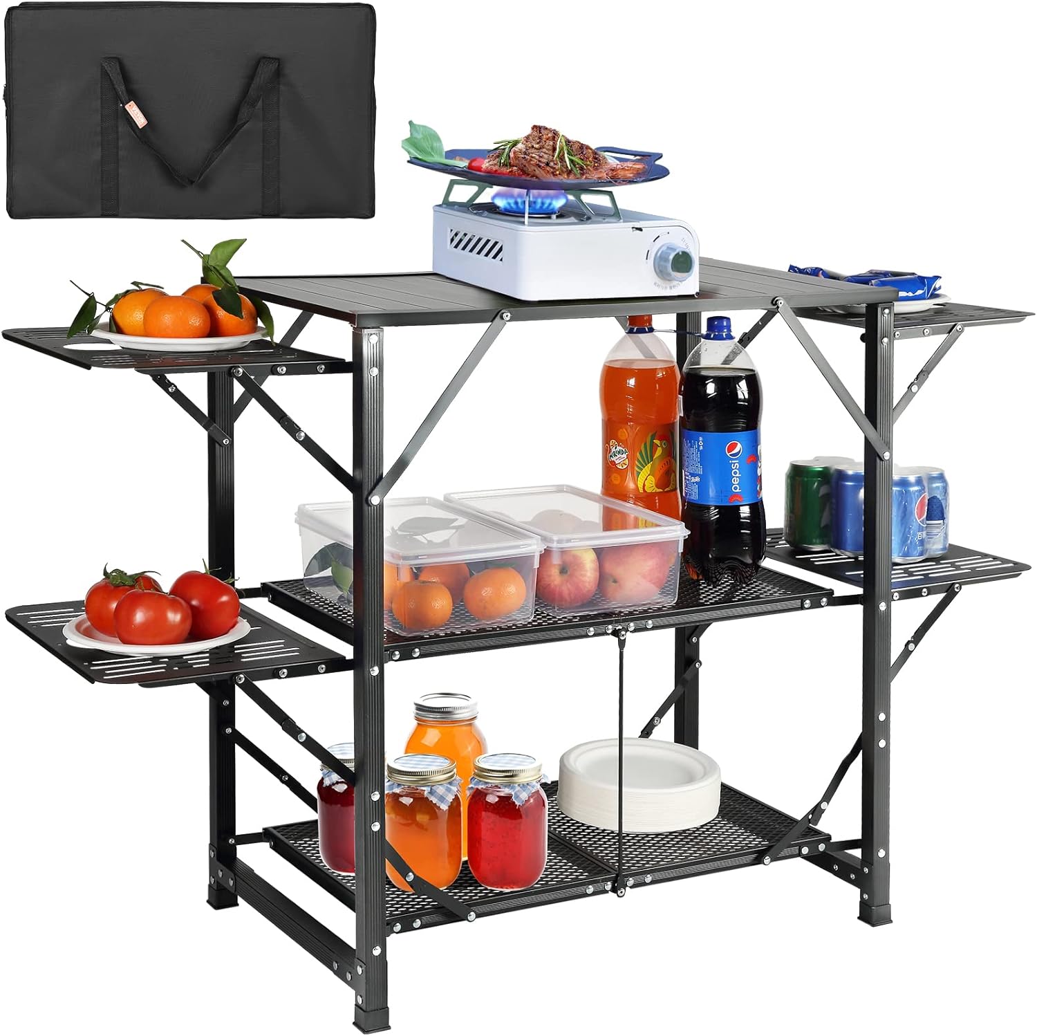 VEVOR Camping Kitchen Table, Aluminum Folding Portable Outdoor Cook Station with 4 Iron Side, 2 Shelves & Carrying Bag, Quick Installation for Picnic BBQ Beach Traveling