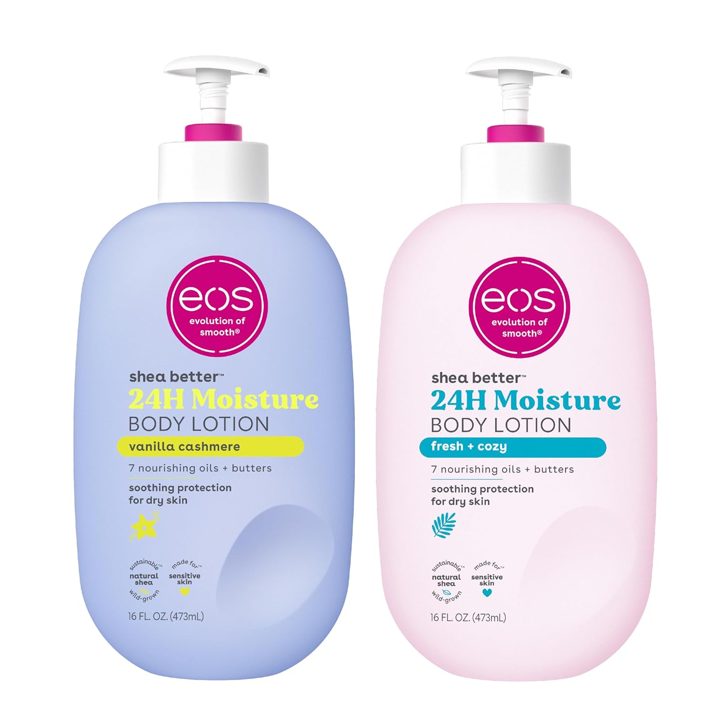 Bundle of eos Shea Better Body Lotion- Vanilla Cashmere + Fresh & Cozy, 24-Hour Moisture Skin Care, Lightweight & Non-Greasy, Made with Natural Shea, Vegan, 16 fl oz