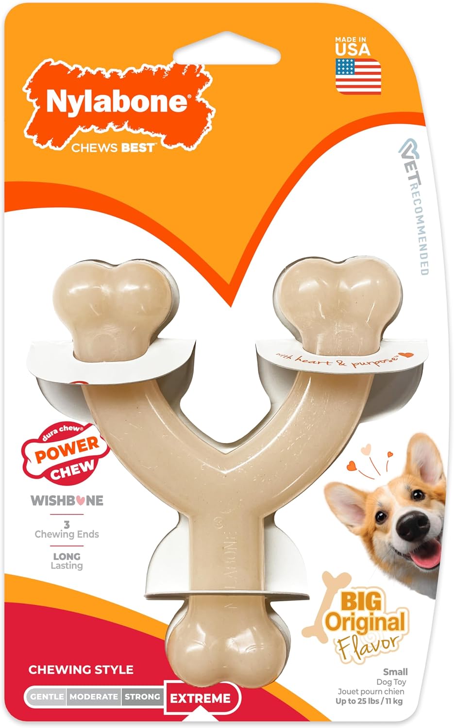 Nylabone Dura Chew Extreme Tough Dog Chew Toy Bone, Chicken Flavour Wishbone, S, for Dogs Up to 11 kg