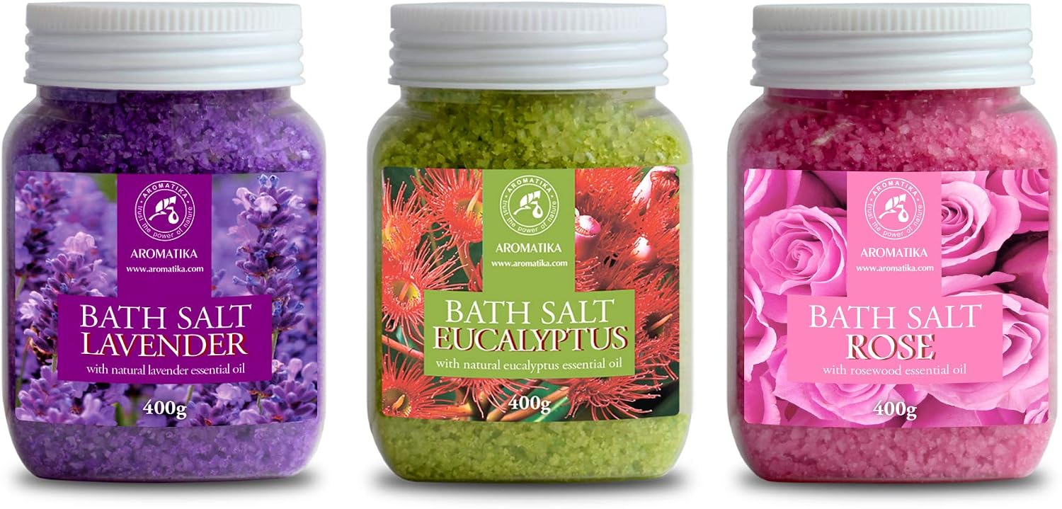 Bath Salts Set 42 Oz - Lavender - Rose - Eucalyptus - 100% Bath Salts - Lavanda Rosa Eucalitpus Salt - Best for Good Sleep - Stress Relief - Bathing - Body Care - Beauty - Relaxation - Spa