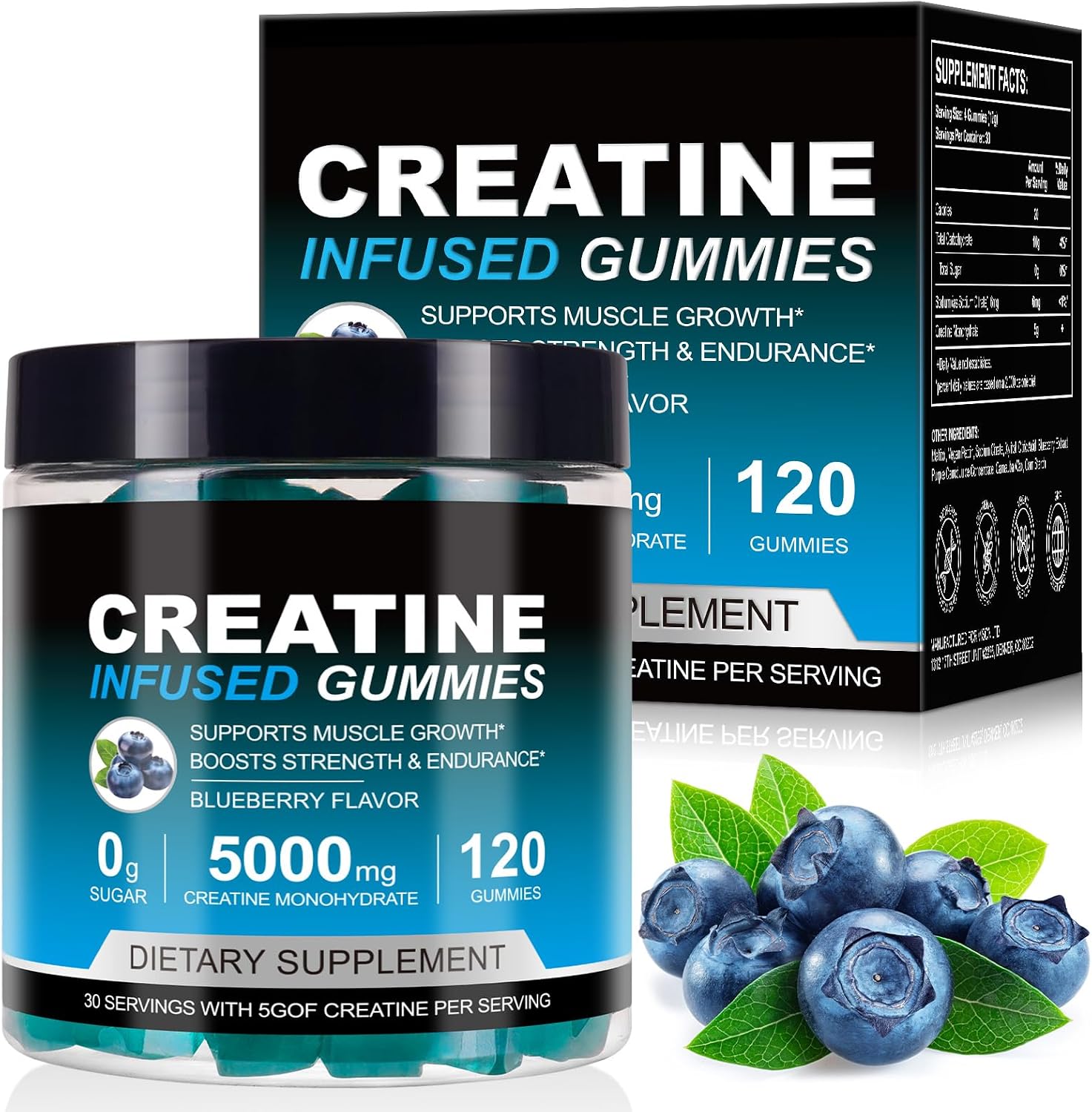Creatine Gummies - Max 5000mg Creatine Monohydrate Gummies for Men and Women, 120 Chewable Vegan Gummies, Blueberry Flavour- 1 Months Supply, Suger Free