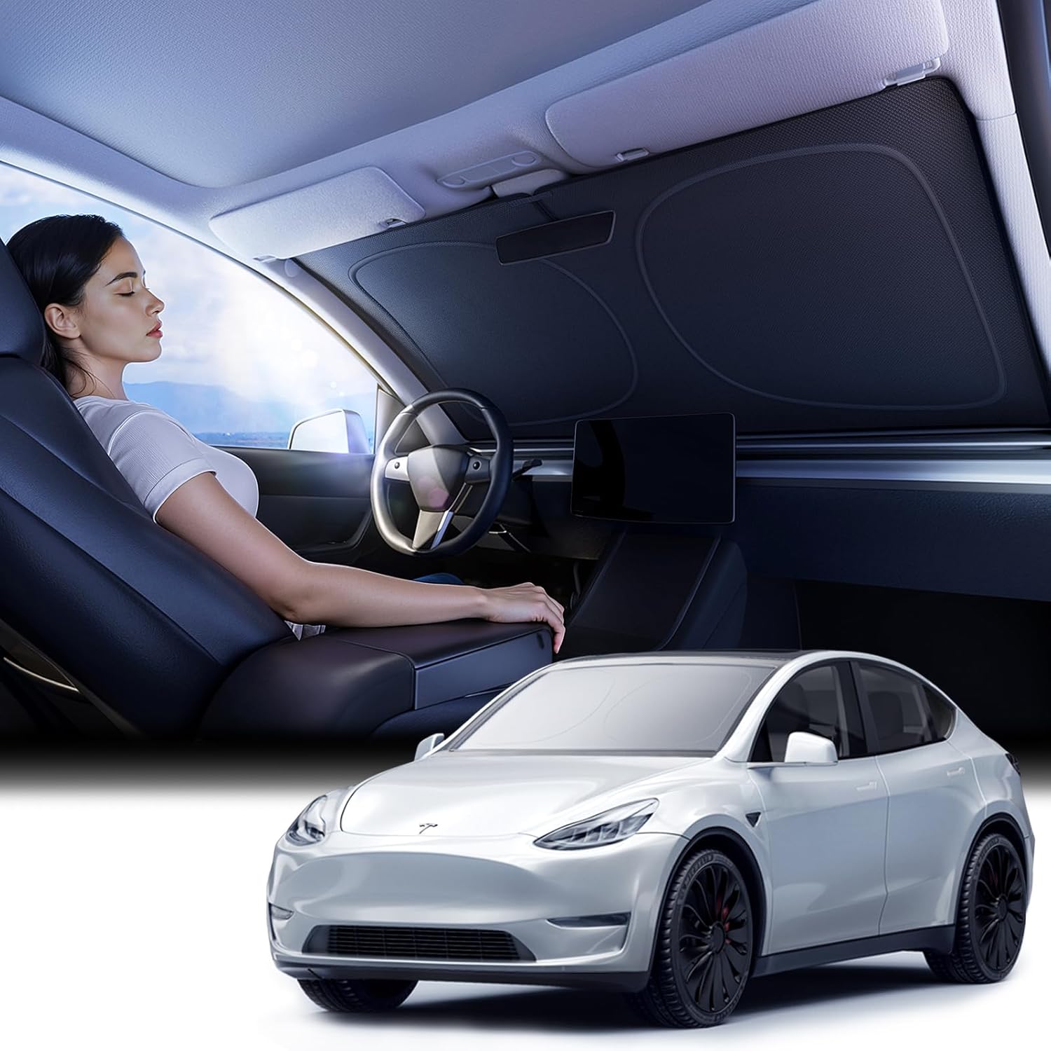 Car Windshield Sun Shade [Dot Matrix Reflective Coating] Extended Edge No Light Leakage Design Cooling Protect Car Interior from UV Damage Medium