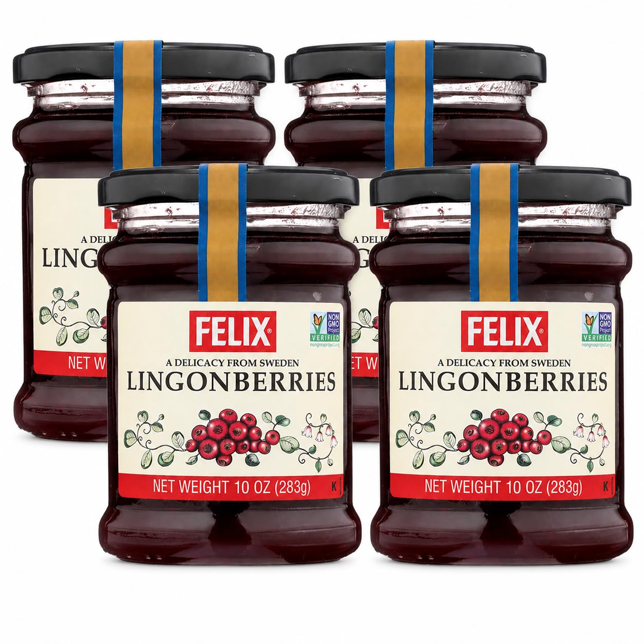 Felix Wild Lingonberry Jam, Swedish Preserve, Non-GMO, 10oz (Pack of 4)