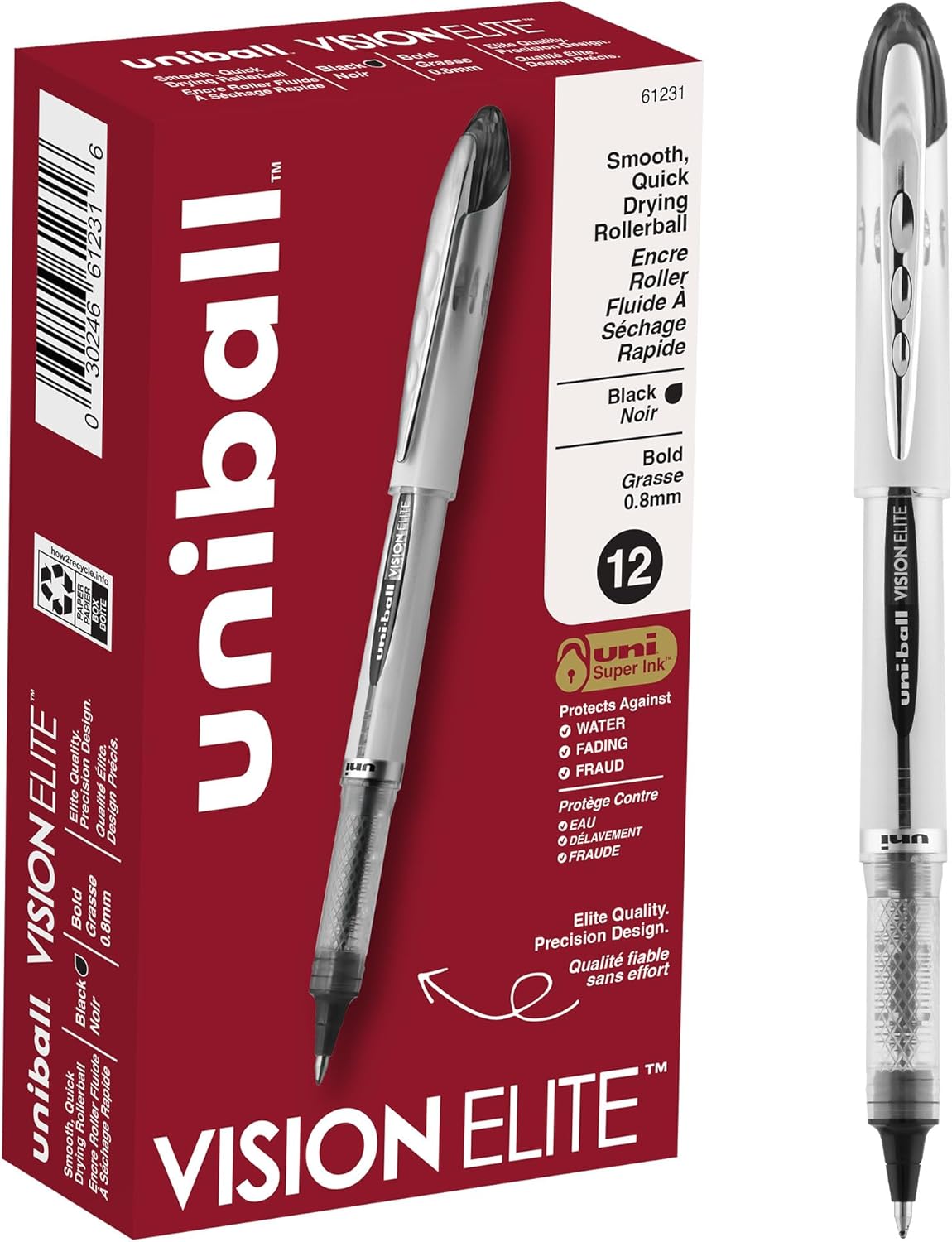 uni-ball Vision Elite Rollerball Pens Bold Point, 0.8mm, Black, 12 Pack