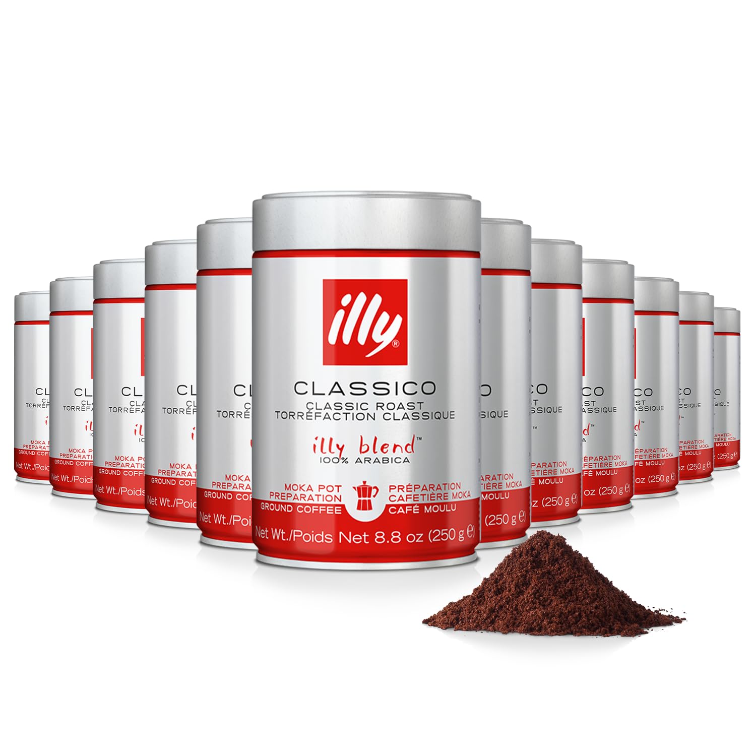 illy Ground Moka Coffee, Classico Medium Roast, 8.8oz, 12 Pack