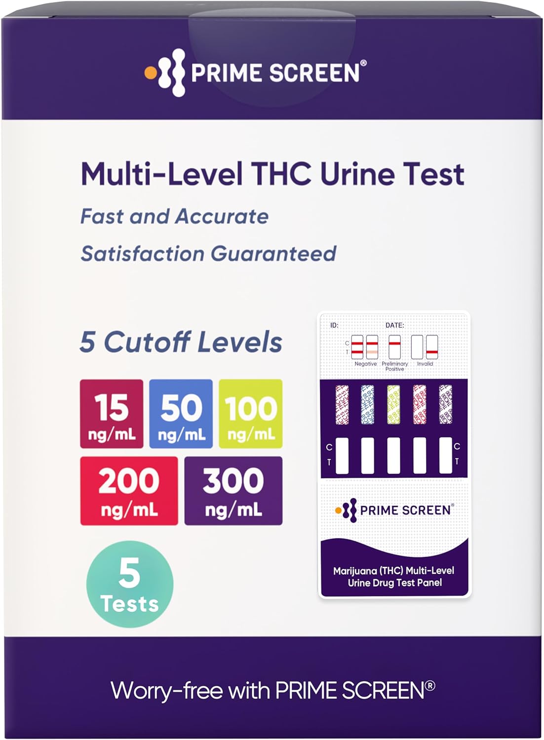 Prime Screen Multi Level Marijuana(THC) Urine Test Kit. Highly Sensitive THC 5 Level Drug Test Kit. Detects at 15 ng/mL, 50 ng/mL, 100 ng/mL, 200 ng/mL and 300 ng/mL [5 Pack]