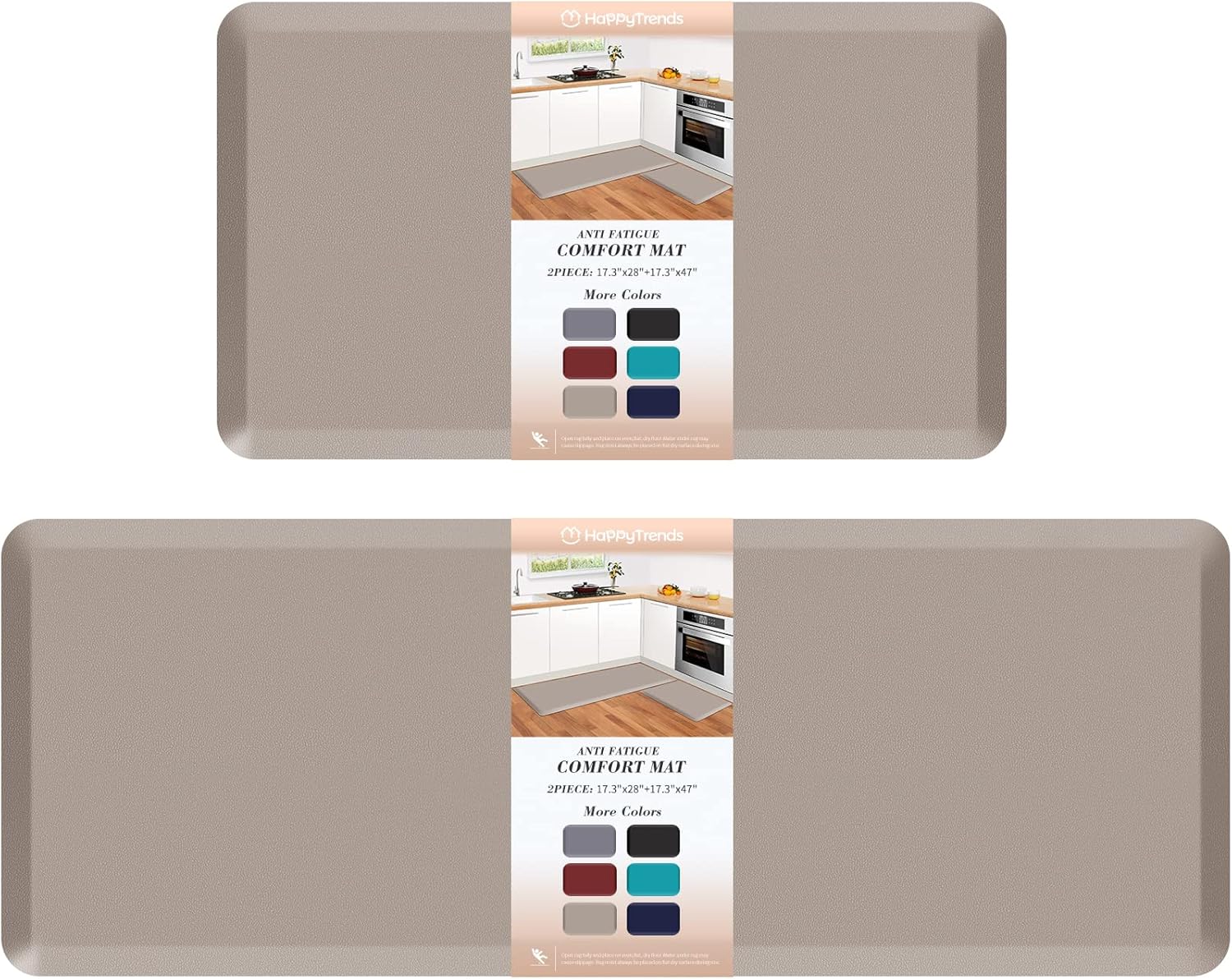 HappyTrends 2 PCS Kitchen Mat Cushioned Anti-Fatigue Floor Mat, Heavy Duty Ergonomic Comfort Foam Standing Mat, Waterproof Non-Slip Kitchen Rugs for Home, Office(17.3"x28"+17.3"x47",Khaki)