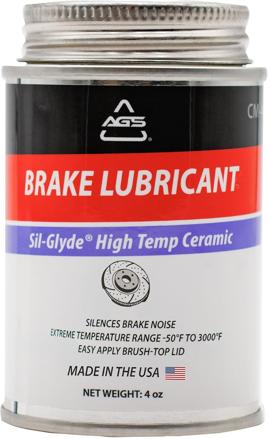 AGS Automotive Solutions Brush Top Can Ceramic-Glyde Silicone Brake Lubricant, 4oz, Compatible with Ceramic and Metallic Brake Pads, Noise Reduction Technology