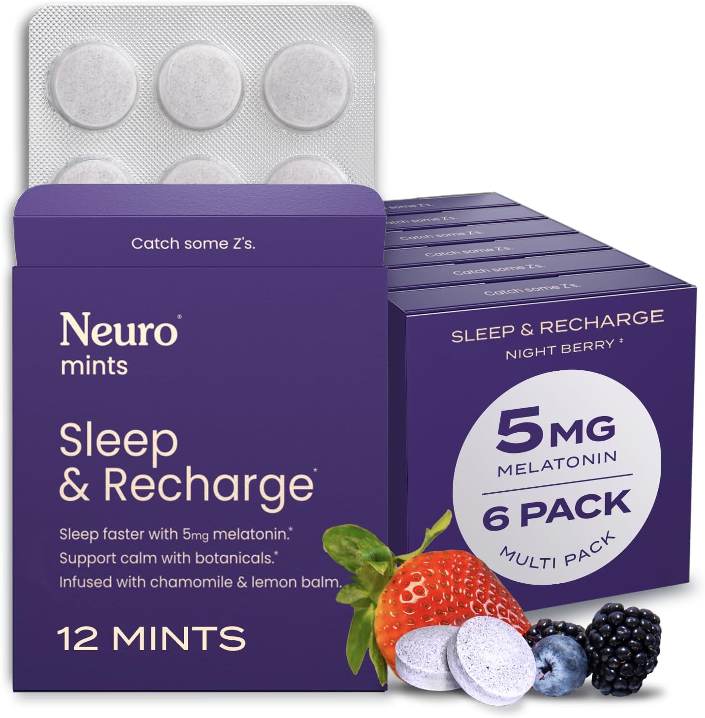 Neuro Melatonin 5mg Sleep & Recharge Mints (72 Pieces) - Fast Dissolve Melatonin Sugar Free Mints with Lemon Balm & Chamomile for Better Sleep - Calm Sleep Supplement for Adults - Night Berry Flavor