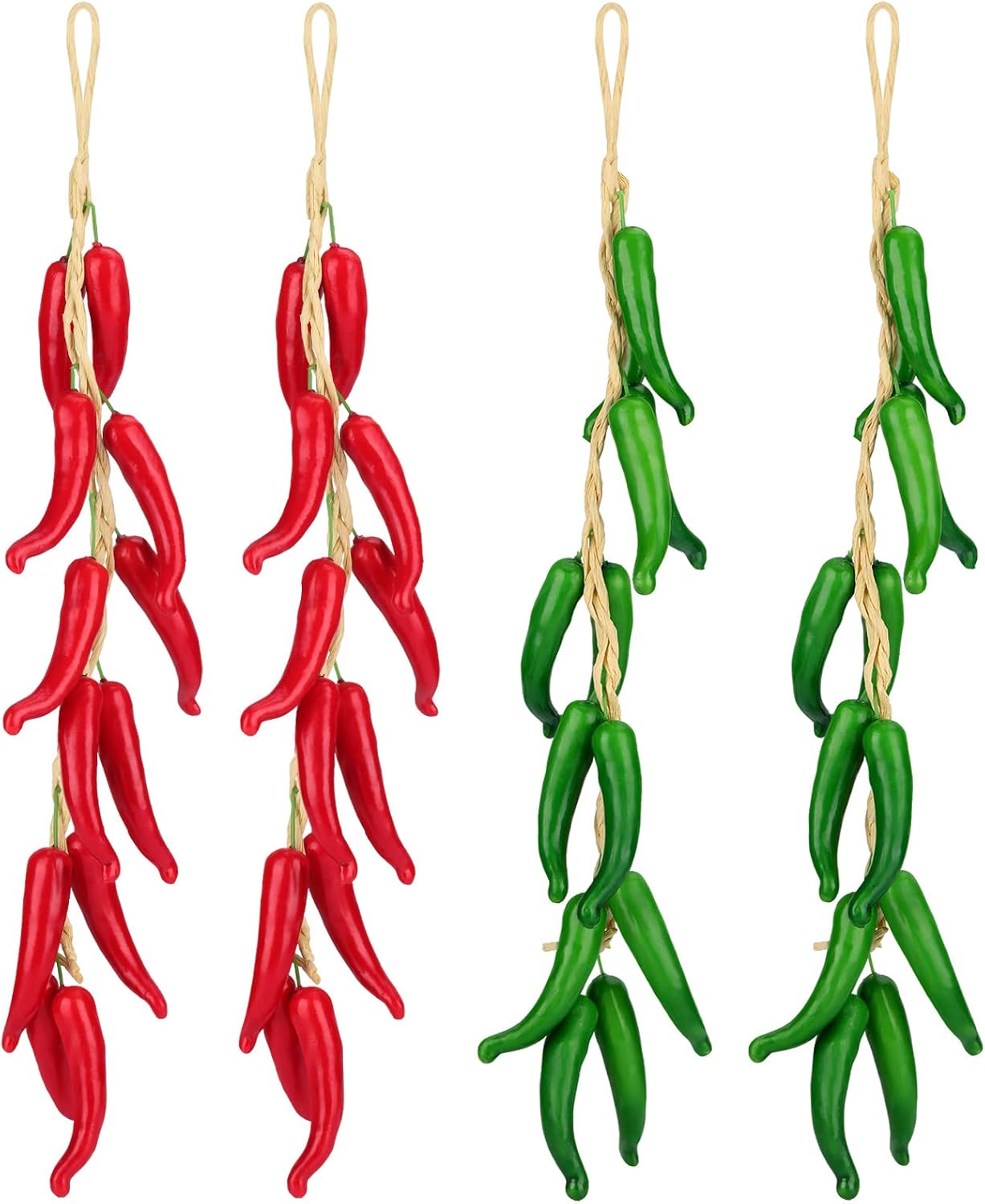 4 Pcs Artificial Chili Peppers on a String Wall Hanging Decorations Lifelike Foam Hot Chili Pepper Red & Green Fake Simulation Vegetable Fruit Garland Vine for Mexican Fiesta Party Home Kitchen Decor