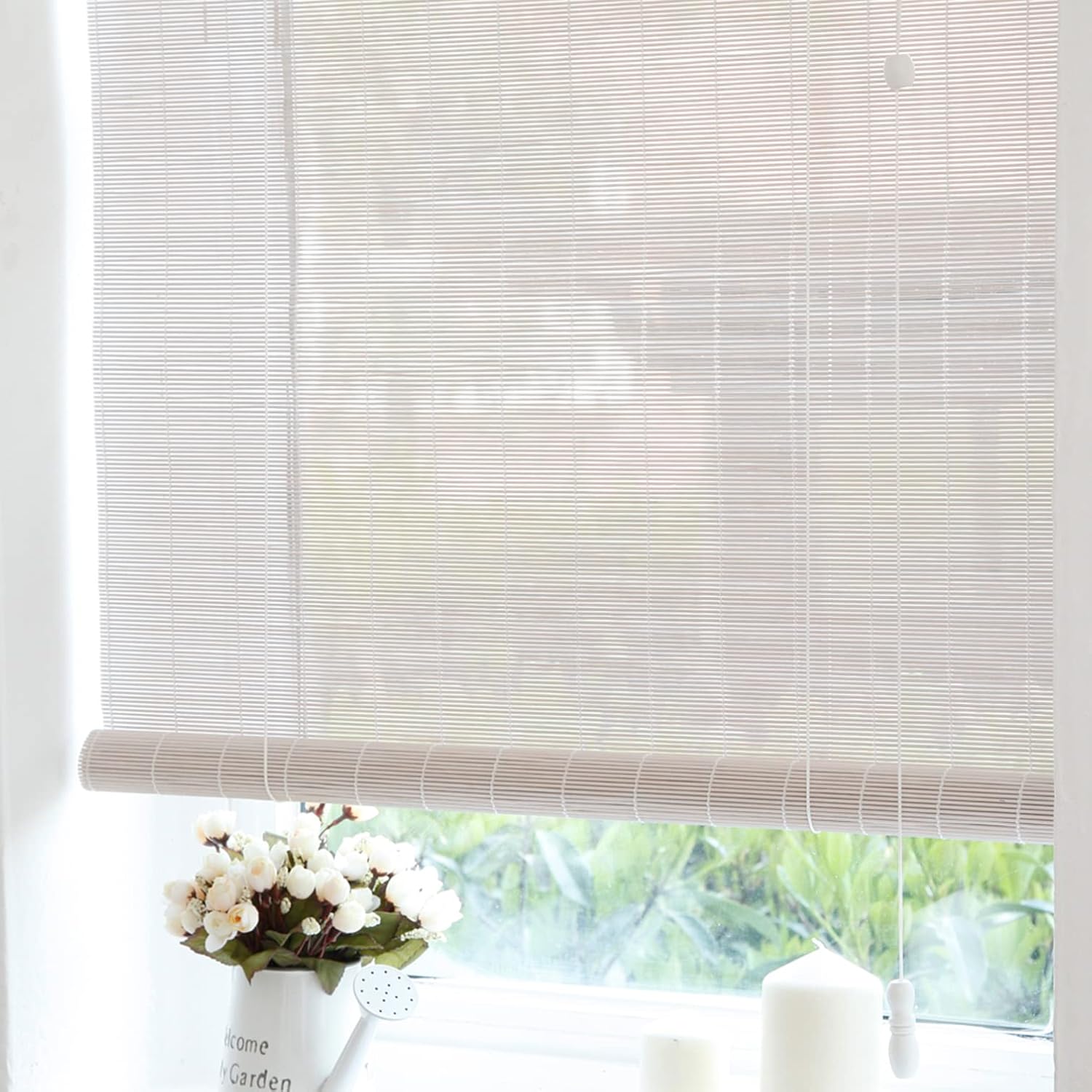 SANJIAOJIA Natural Bamboo Roller Blind,Roman Curtains,Wood Roll Up Window Shade,Sunshade,Light Filtering,Privacy Screen,for Indoor/Outdoor/Patio/Balcony,White,Custom (W130xH320cm/51x126in)