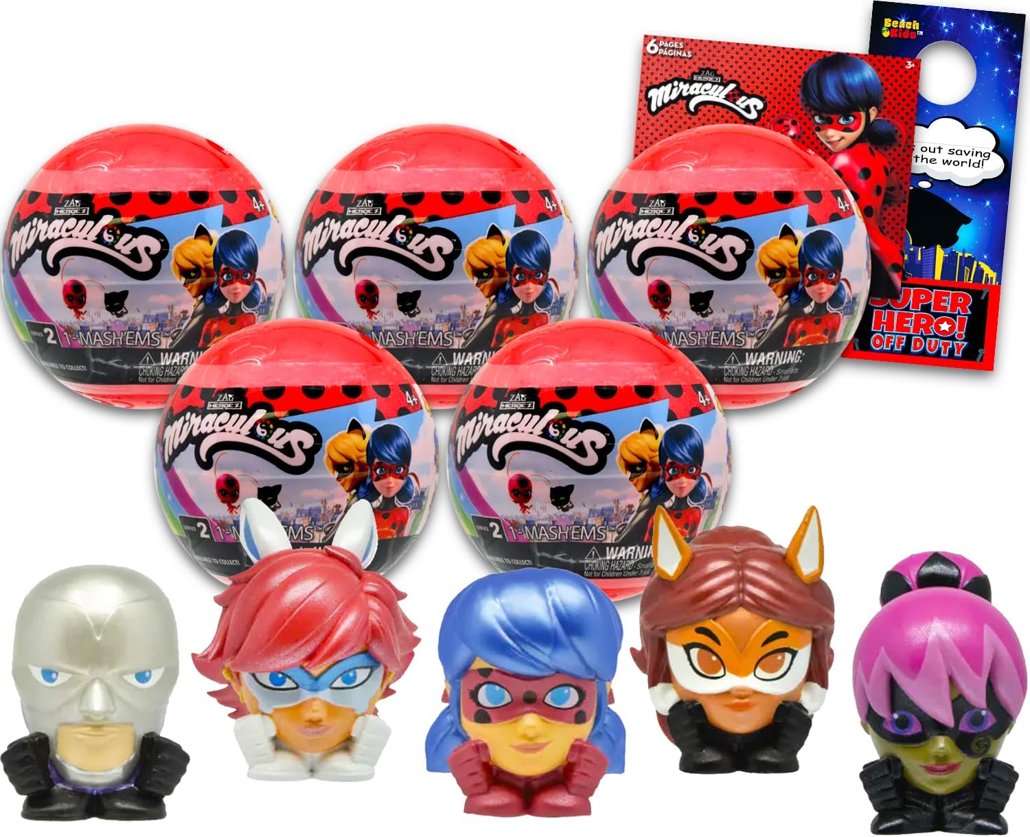 Miraculous Ladybug Blind Ball Party Favors - Bundle With 5 Mash'Ems Mini Figures Mystery Toys Plus Stickers | Figurines for Kids, Boys, Girls