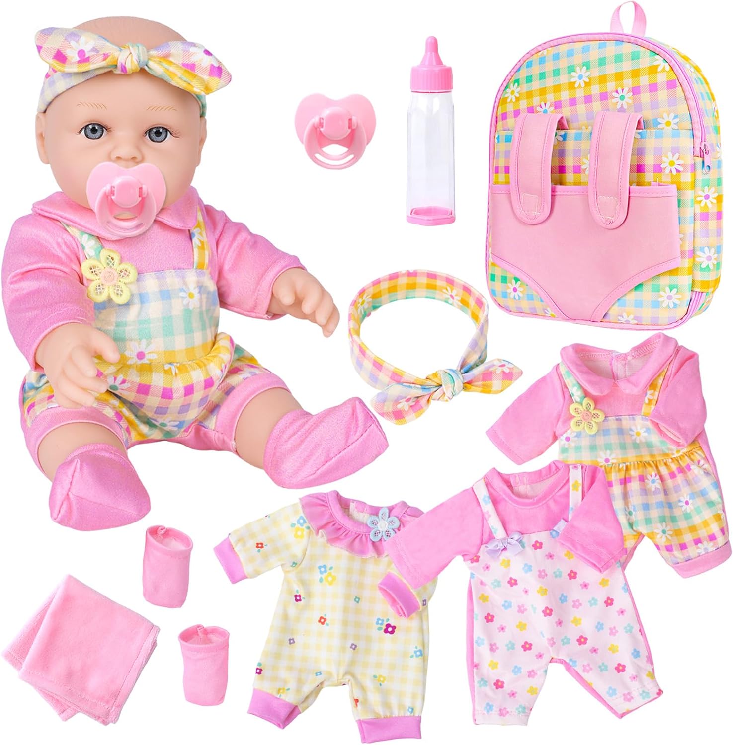 12" Girls Baby Doll with Take Along Backpack Carrier,12 inch Newborn Infant Baby Dolls with 3 Sets Clothes and Accessories Pink Hanky Bottle and Nipple Toy Stuffs Gift for Baby Toddler Age 3+