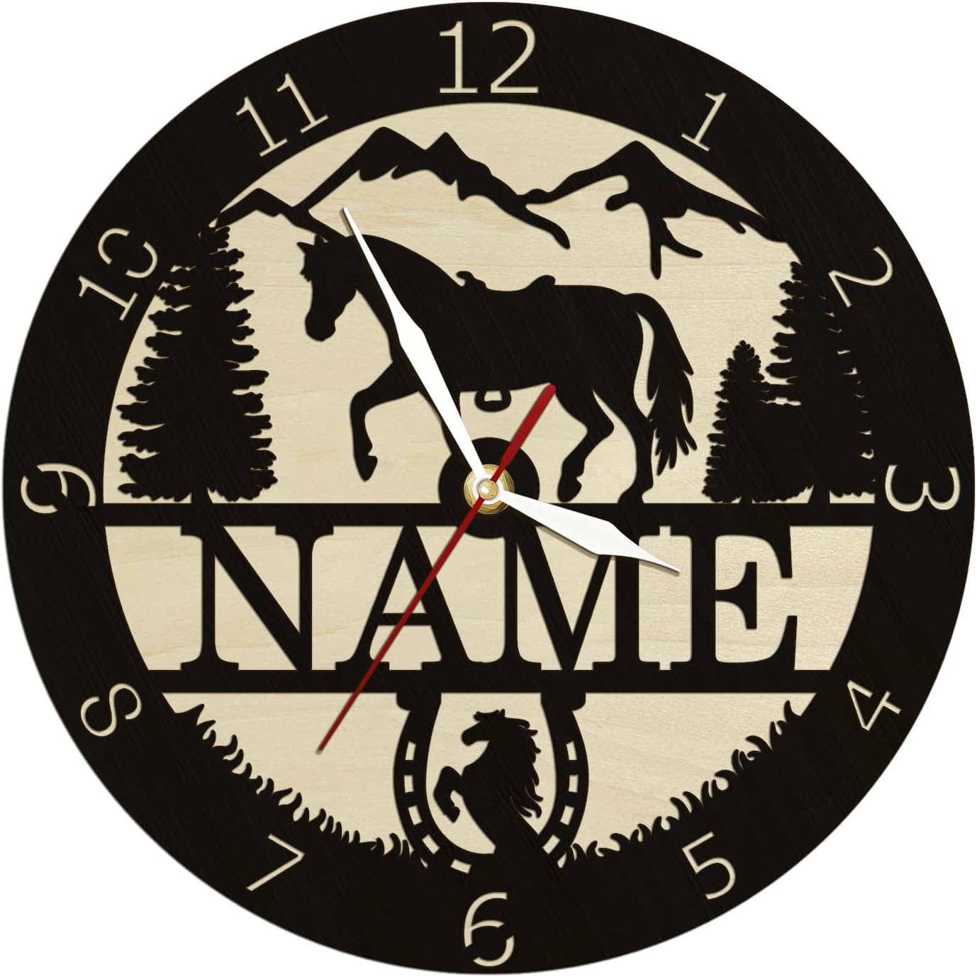 12 Inch Wildlife Horse Wooden Wall Clock, Equestrian Clock Vintage Silent Non Ticking Battery Operated Western Running Horse Wall Clock for Man Cave Farmhouse Horse Lovers Gift