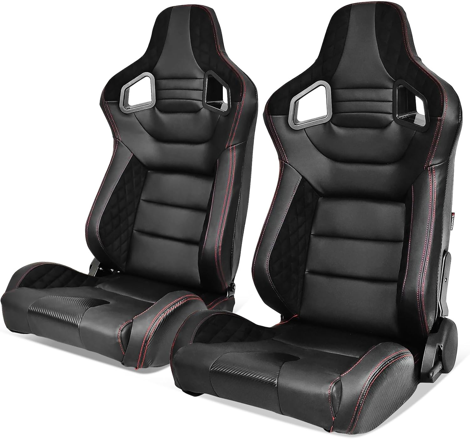 IKON MOTORSPORTS, Universal Racing Seats with 14" Dual Sliders, Black PU W/Red Stitching & Carbon Leather Back Suede Trim Reclinable Sport Bucket Seats for Cars, 1 Pair Driver Passenger Side 2PC
