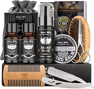 Isner Mile Beard Kit for Men, Grooming & Trimming Set with Beard Wash Shampoo, Oil, Balm, Brush, Comb, Scissors & Storage Bag, Fathers Birthday Gifts Valentines Day Gifts for Him Dad Men Boyfriend