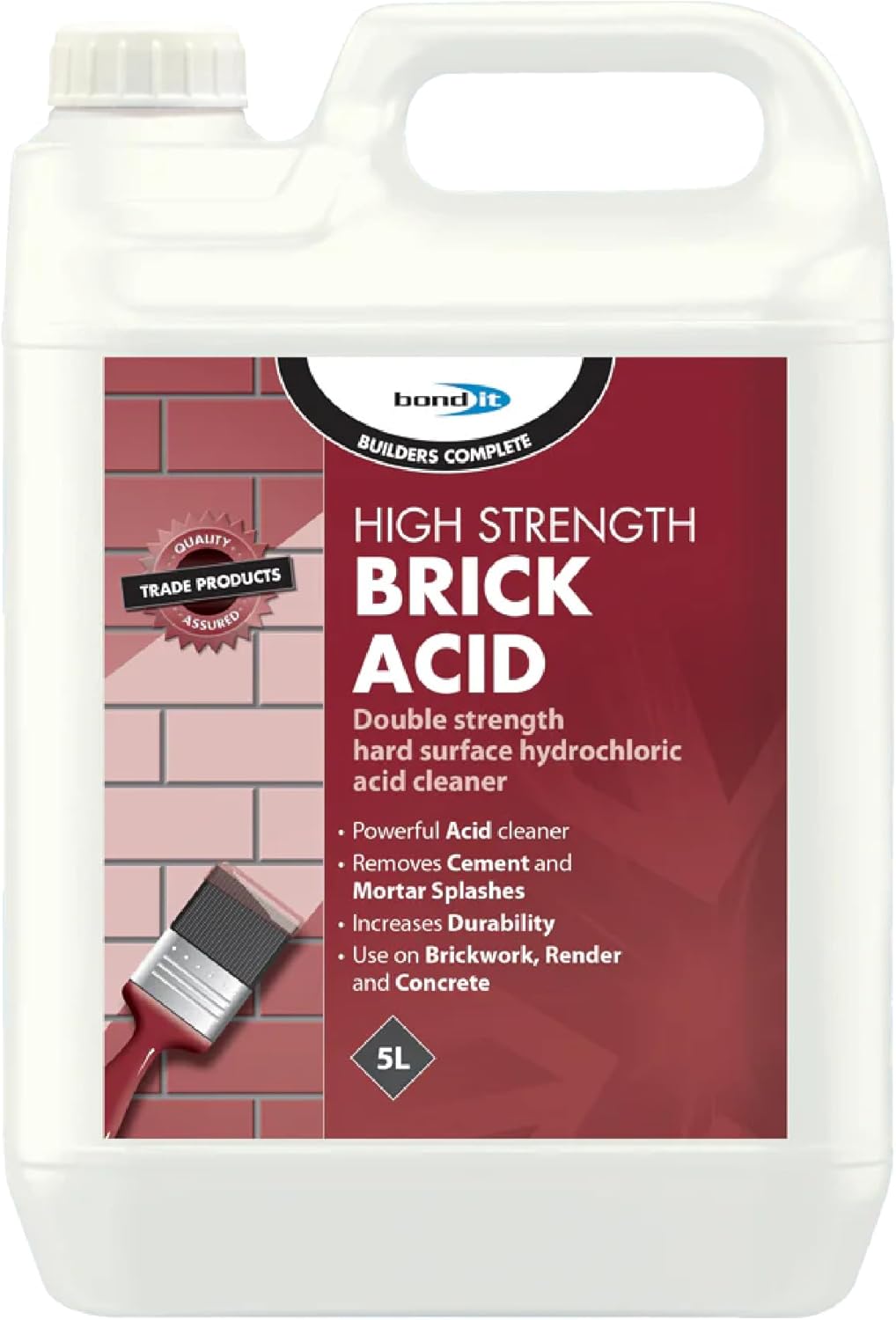 5L BOND-IT High Strength Brick Acid Cleaner CONCRETE MORTAR PATIO OIL Light, 6% Hydrochloric Acid Remove Oil Stains And Grease From Tiles, Paving and Brickwork & Patio Cleaner