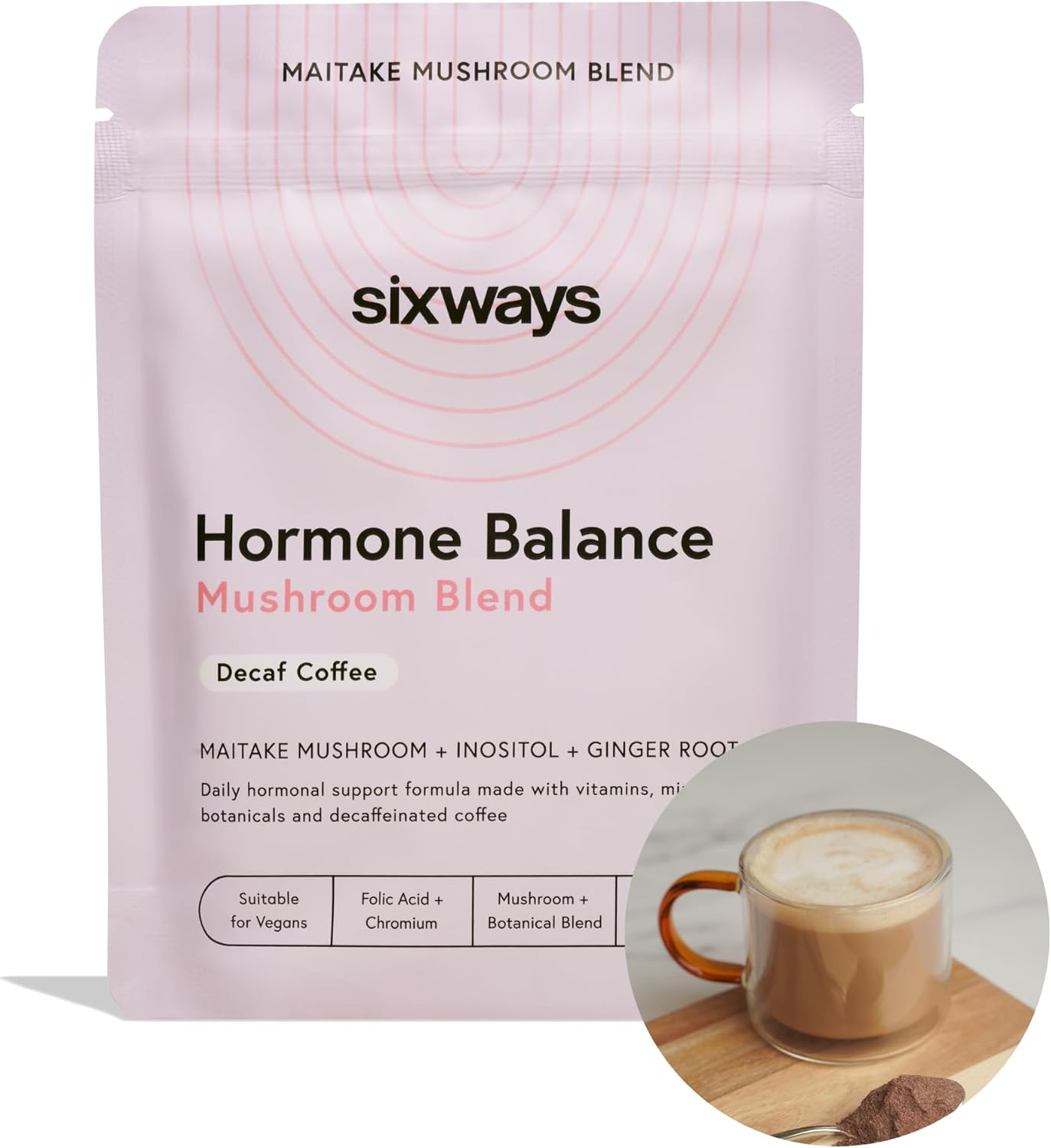 Sixways Hormone Balance, Mushroom Coffee, Decaf Coffee Flavour, Functional Mushroom Powder, Myo-Inositol PCOS Supplement, 30 Servings (150g), Myo-Inositol, PMS Support, Vegan, 200ug Chromium