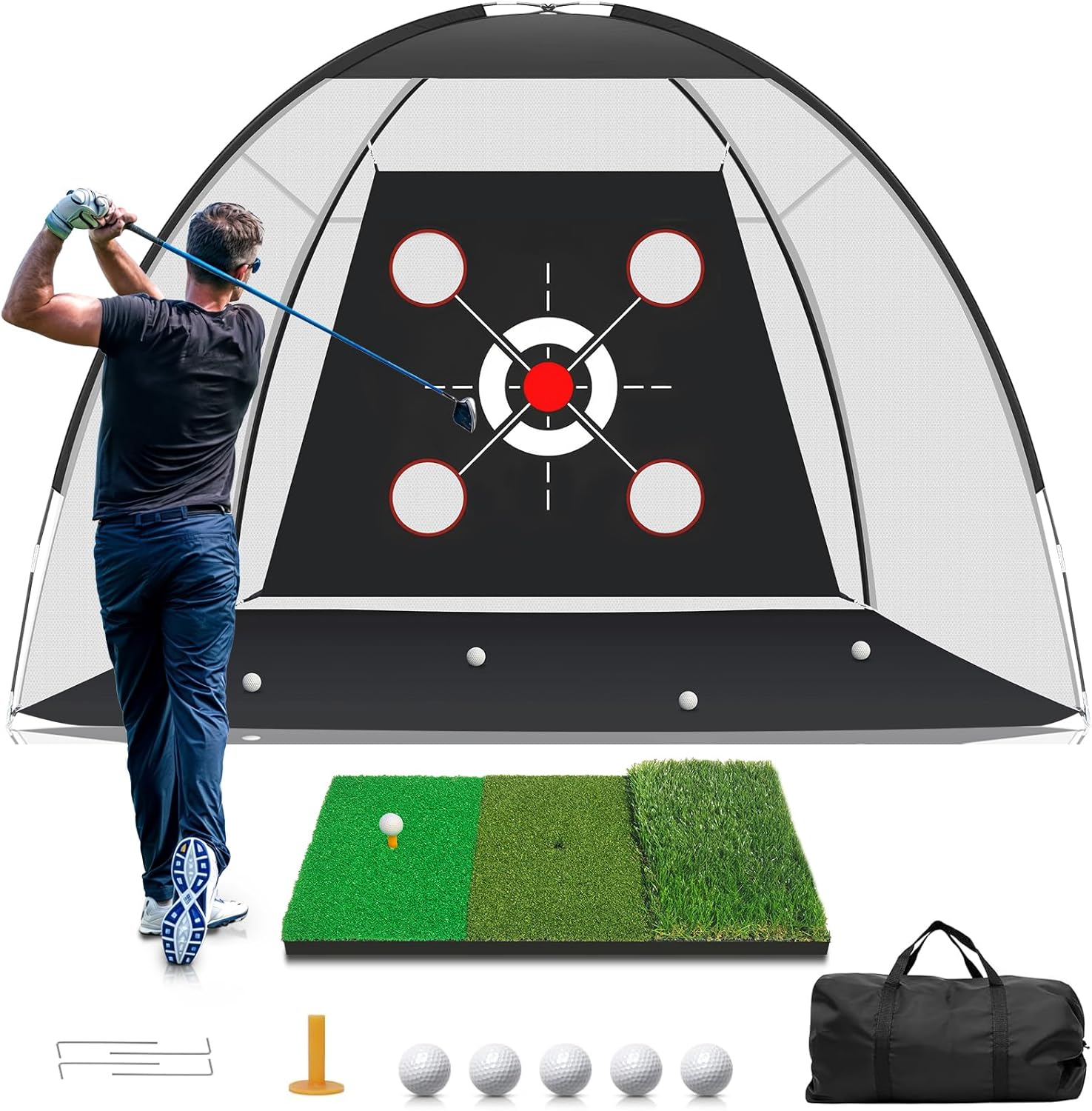 Golf Net with Practice Mat,Golf Hitting Aid Nets 10x7FT for Backyard Driving Chipping Training Swing with Target Mat Balls for Outdoor Indoor，Gifts for Men Dad Him and Golfer