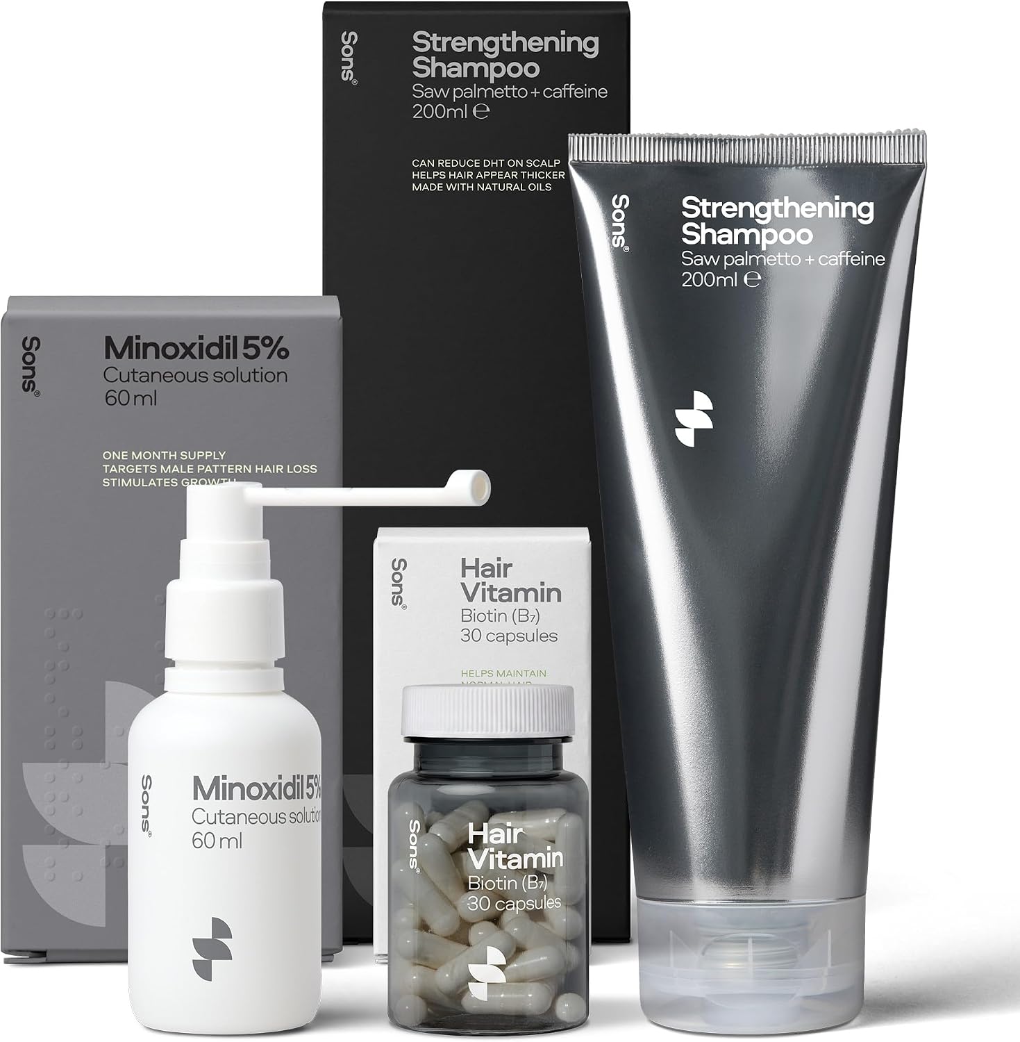 Sons Minoxidil 5%, Hair Growth Shampoo & Biotin Vitamins for Men