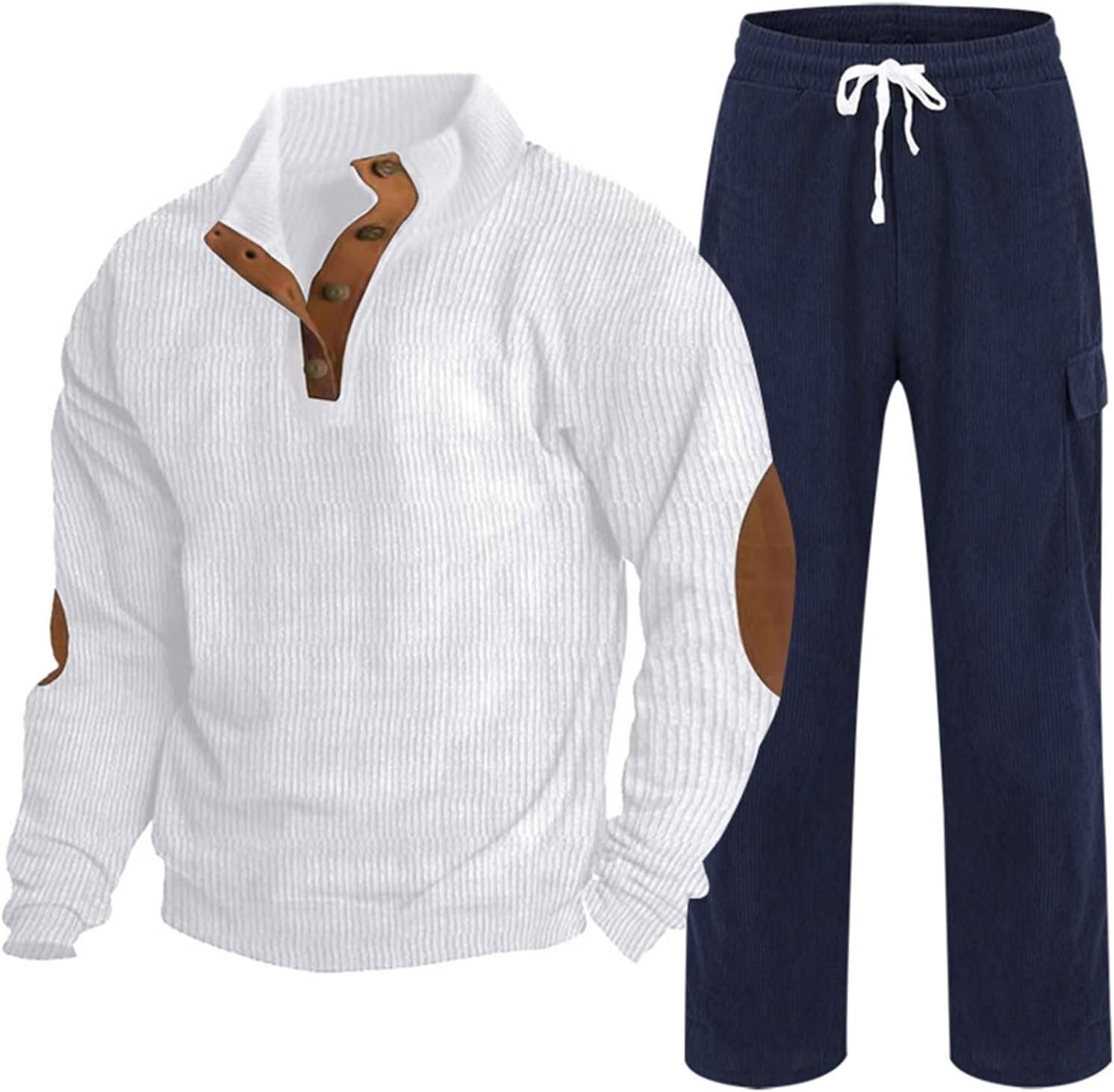 RLEHJN Mens Tracksuit Set Corduroy 2 Piece Long Sleeve Polos Shirts and Trousers with Pockets Tracksuit Jogging Bottoms Patchwork Loungewear Sets Sports Track Suit Gym Casual Exercise Running