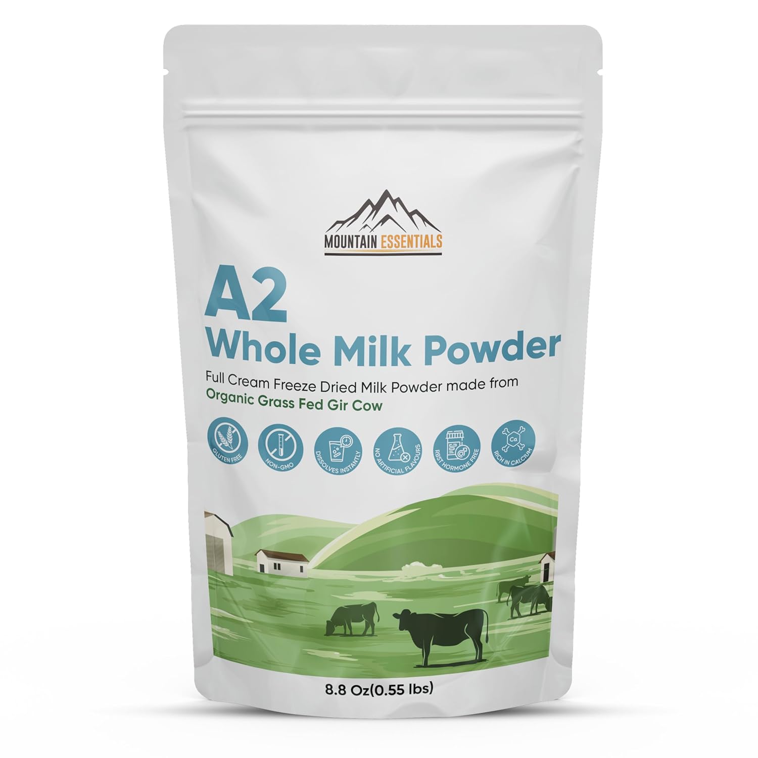 Mountain Essentials A2 Whole Milk Powder 8.8 Oz Gluten Free Full Cream Freeze Dried Shelf Stable Non- GMO Powdered Milk Made from Organic Grass Fed Gir Cow Easy to Digest, Perfect For Cooking & Baking