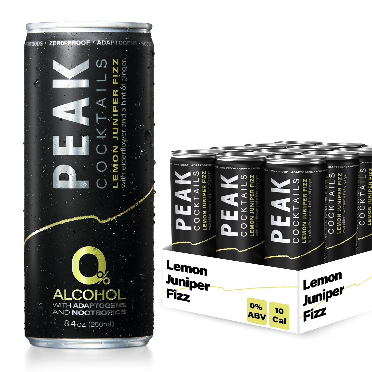 Peak Cocktails Non-Alcoholic Cocktail | Adaptogens, Nootropics, Superfoods for Recovery, Calm, Sleep | Ashwagandha, Tart Cherry, L-Theanine | Mixologist-crafted | Lemon Juniper Fizz | 8.4 oz, 12-Pack