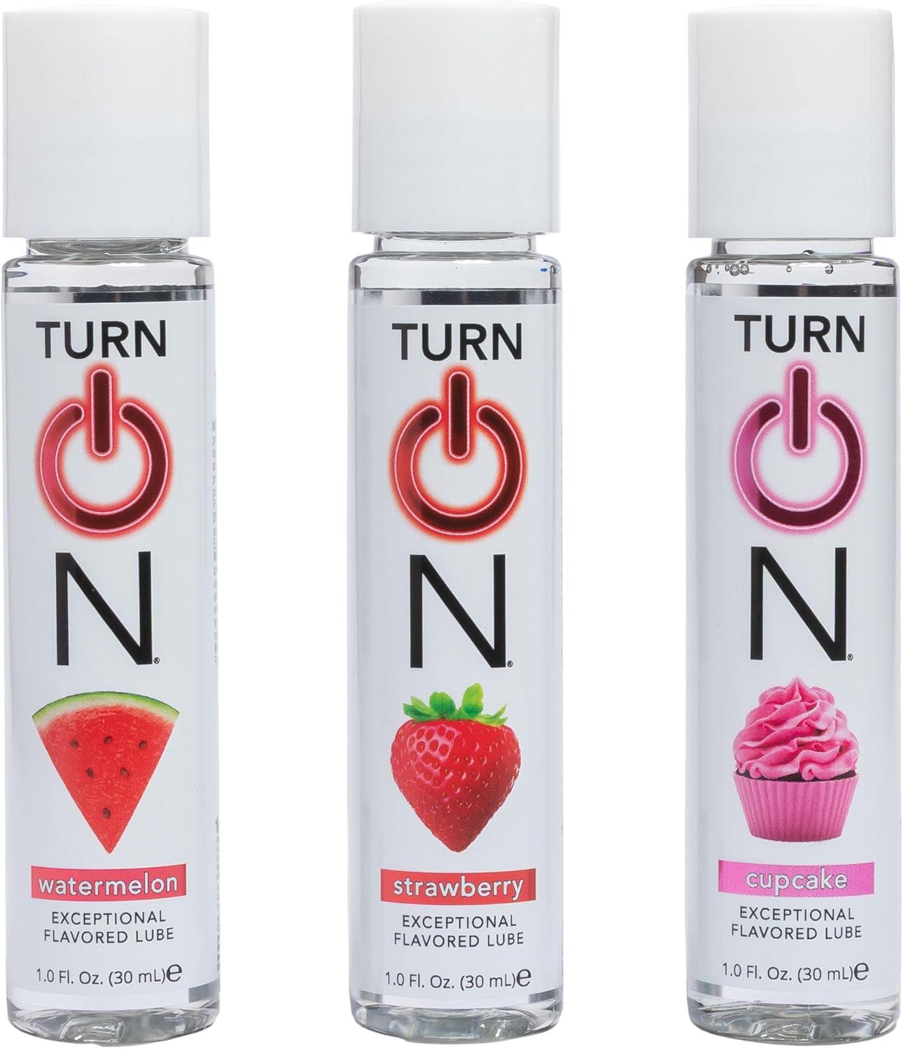 Turn On 3-Pack Flavors Sampler Collection - Strawberry, Watermelon, and Cupcake Lubes for Men, Women, and Couples | Paraben-Free, Gluten-Free, Stain-Free, Travel-Friendly, 1 fl oz Each