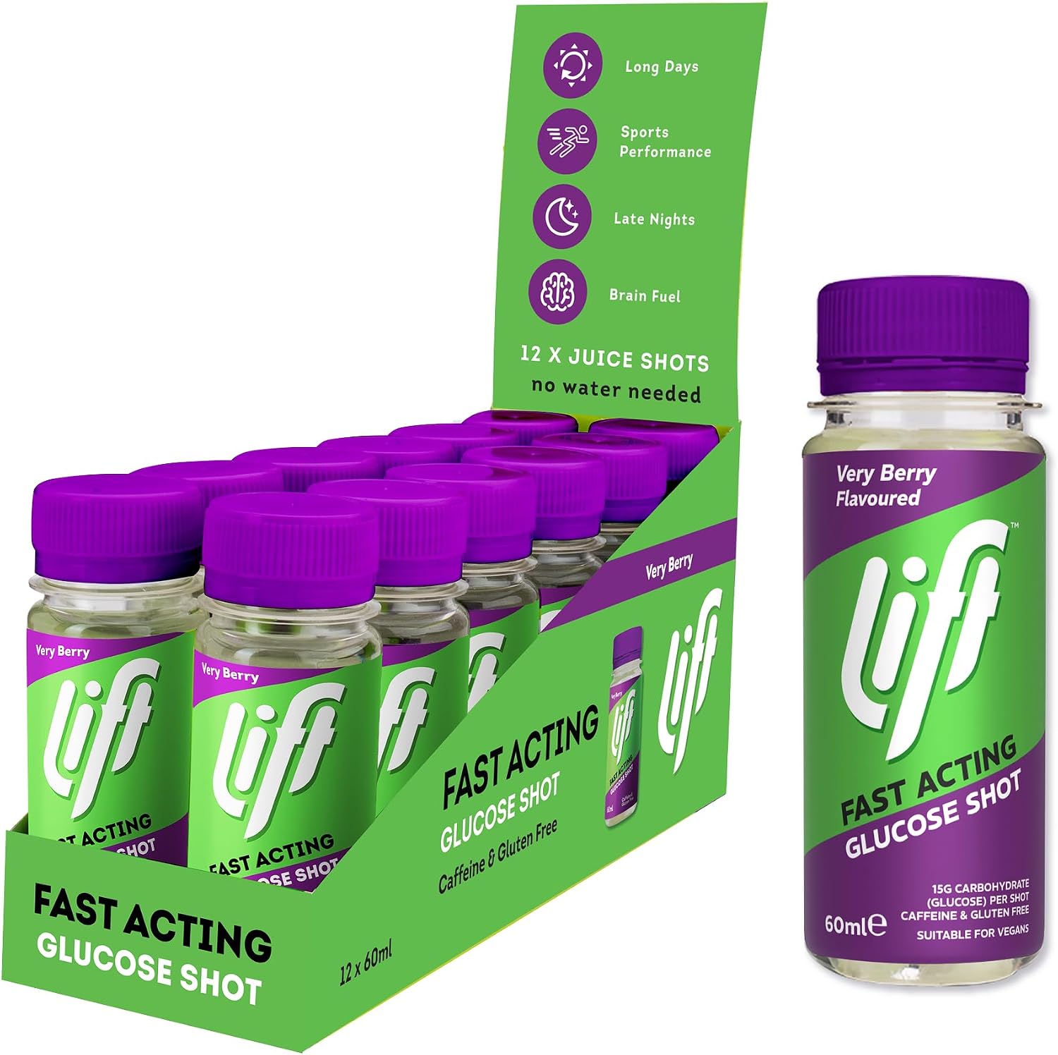 Lift Fast-Acting Glucose Juice Shots, Very Berry, 60 ml, 12 Pack