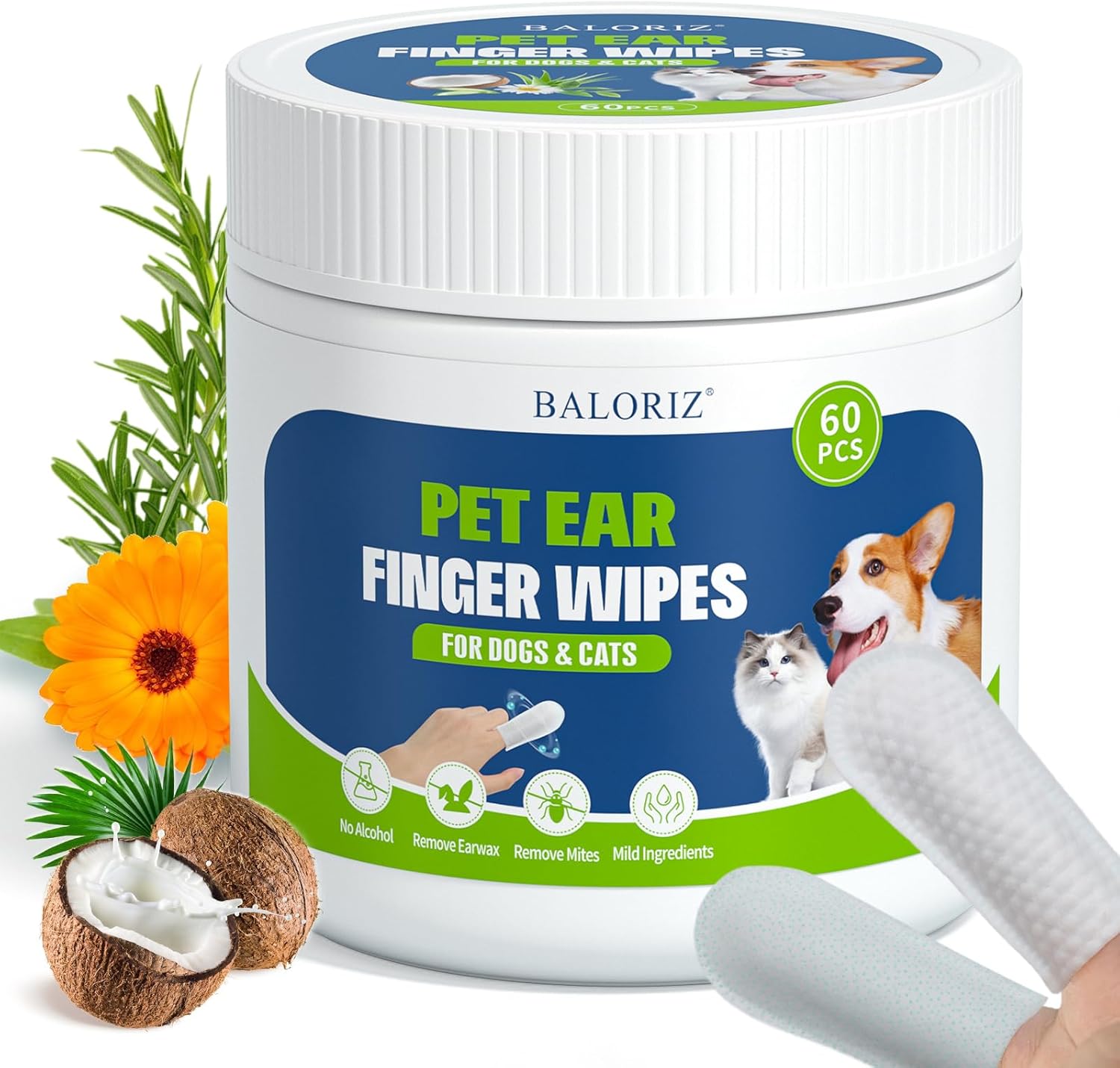 BALORIZ Dog Ear Cleaner Wipes, Dog Ear Wipes Finger for Dogs & Cats, Gently Remove Ear Wax, Sooth & Deodorize, Relieve Ear Itching, Pet Supplies Easy to Use Fresh Coconut Scent(60 Counts)