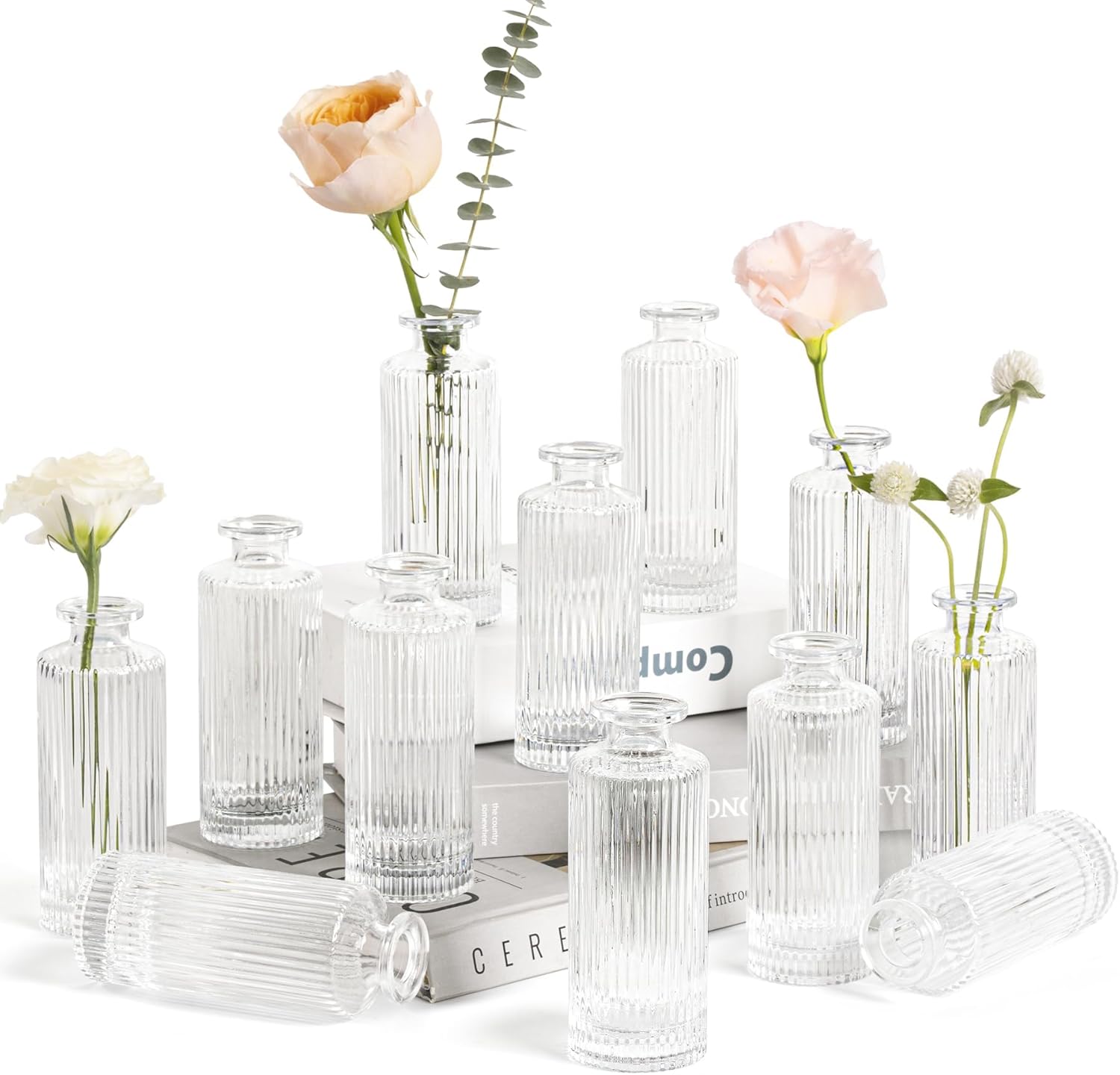 ComSaf Glass Bud Vases Set of 12, Small Bud Vase in Bulk, Mini Flower Vase for Centerpiece, Vintage Decorative Vase Set for Flowers, Wedding Reception, Christmas, Home Decor, Housewarming Gift (Clear)