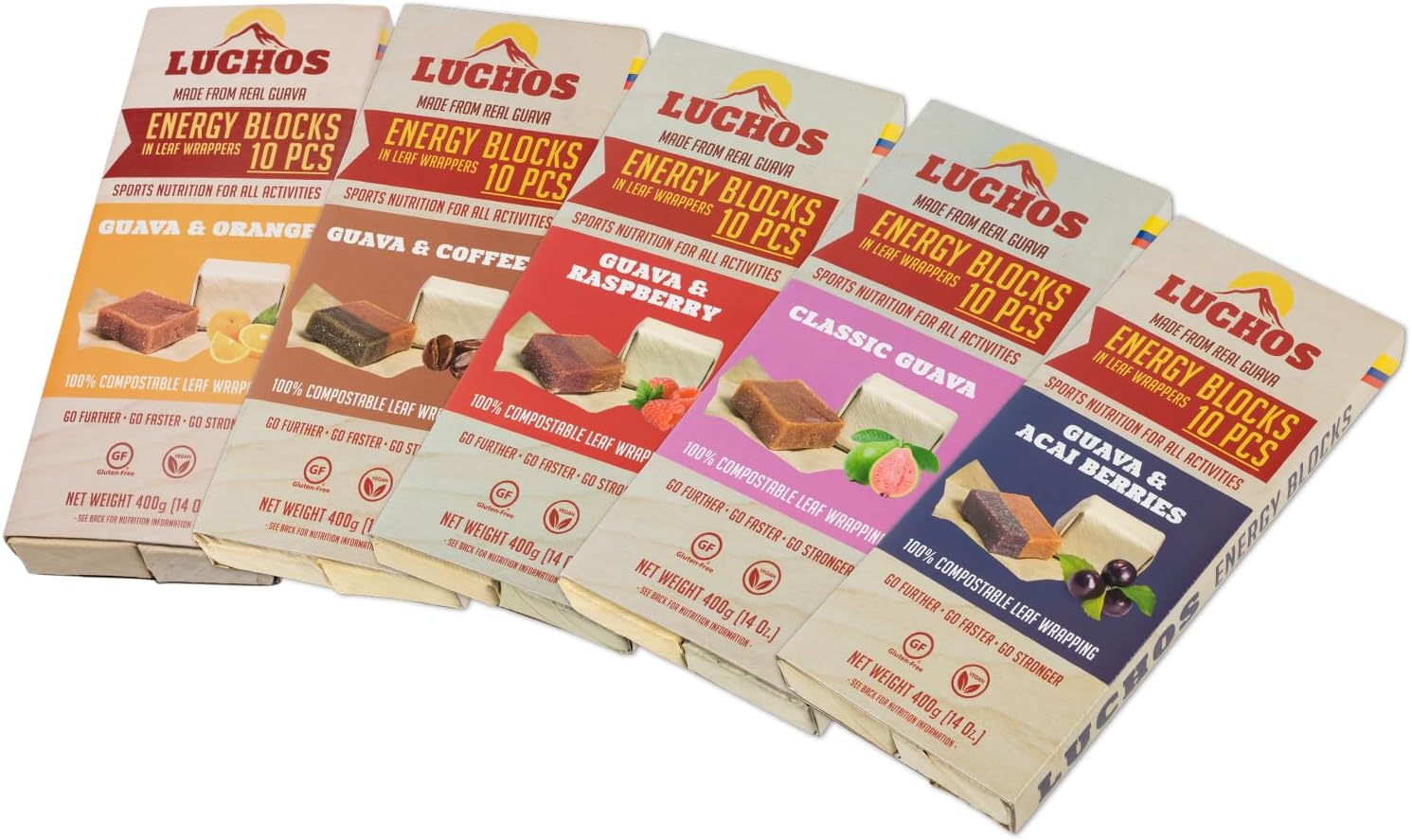 LUCHOS Natural Energy Bars Blocks for Running, Hiking, Cycling, Sports Nutrition, Healthy Snacks, High Carb, Protein, Vegan and Gluten Free, Guava Variety, 5 x 10 Pieces