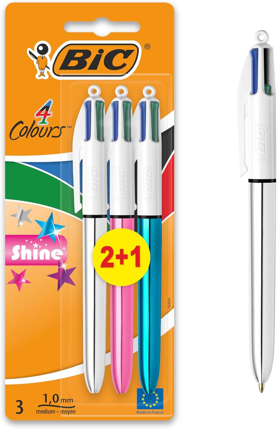 BIC 4 Colours Shine Pens, Multicoloured Pen, Retractable Ballpoint Pens, Biro Pens, Medium 1.0mm, Green, Blue, Black, Red, 3 Pens Per Pack, 1 Pack