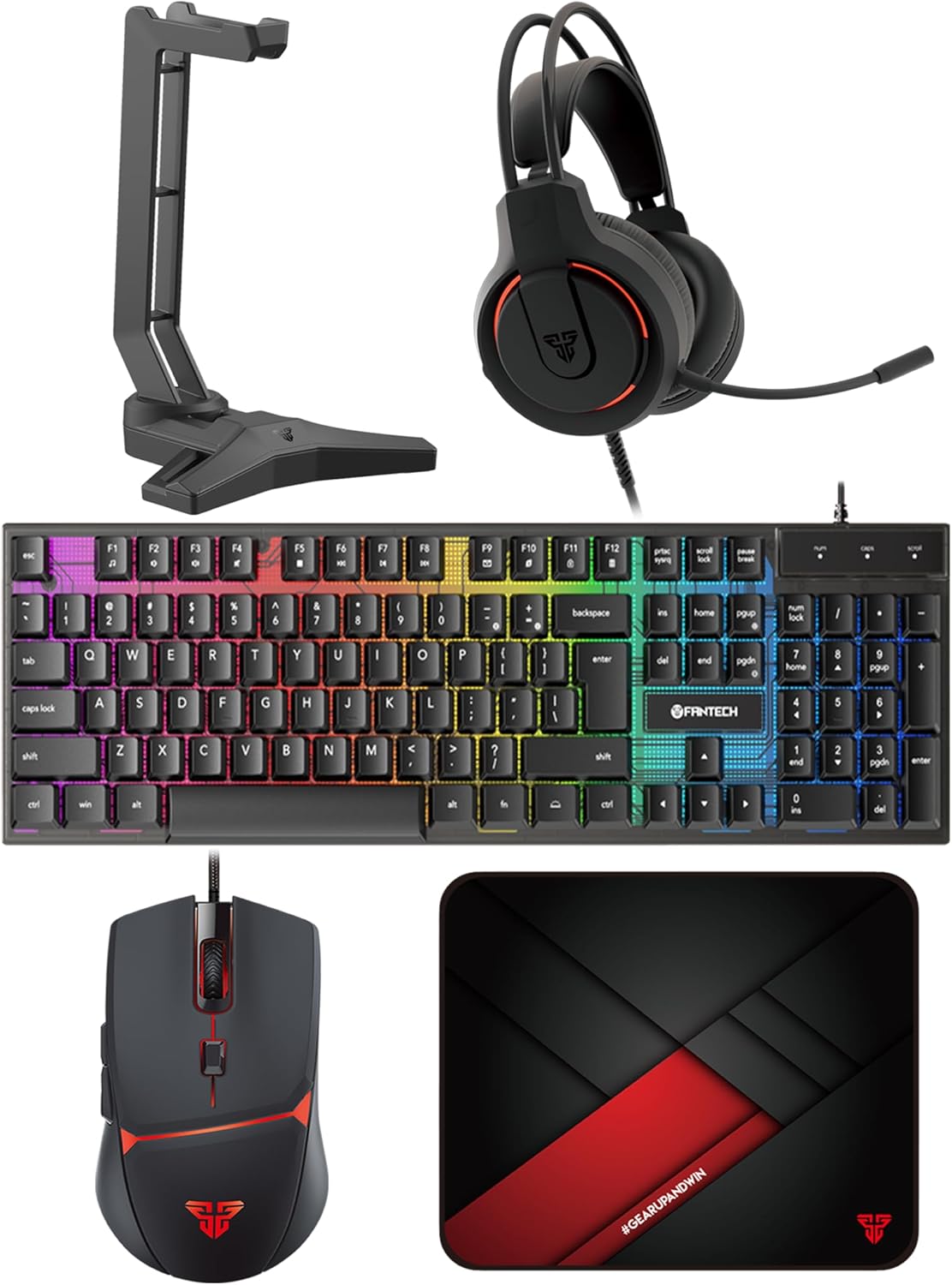FANTECH P51S Gaming Keyboard and Mouse Combo, Headset and Stand, Mouse Pad Wired RGB Rainbow Backlight PC Beginner Gamer Basic 5 in-1 Gaming Set