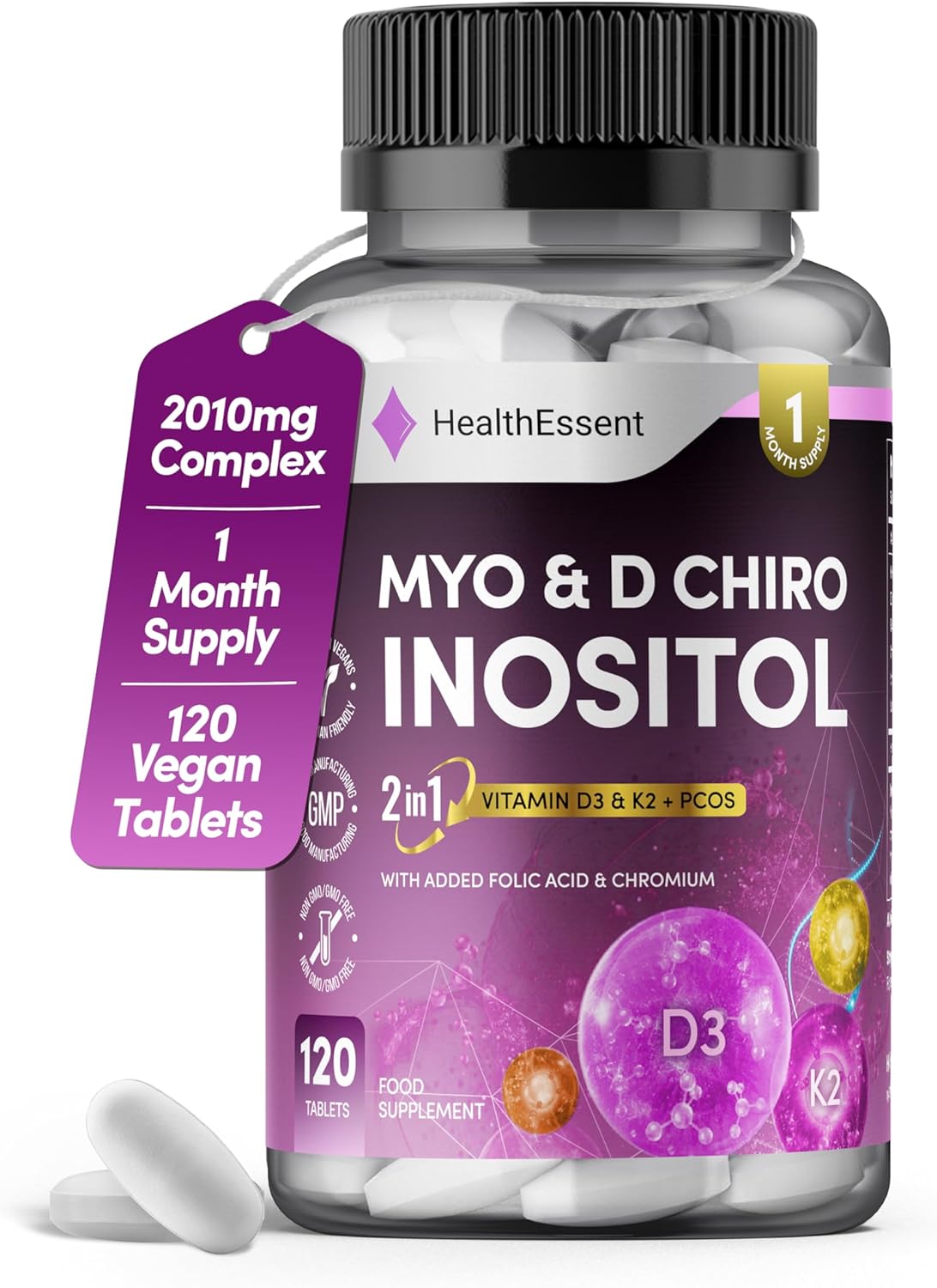 PCOS Chewable Tablets - Myo Inositol D Chiro Inositol with Folic Acid, Chromium, Vitamin D3 K2 – PCOS Supplement for Fertility, Weight Loss & Hormone Balance for Women, 2000mg – 120 Tablets