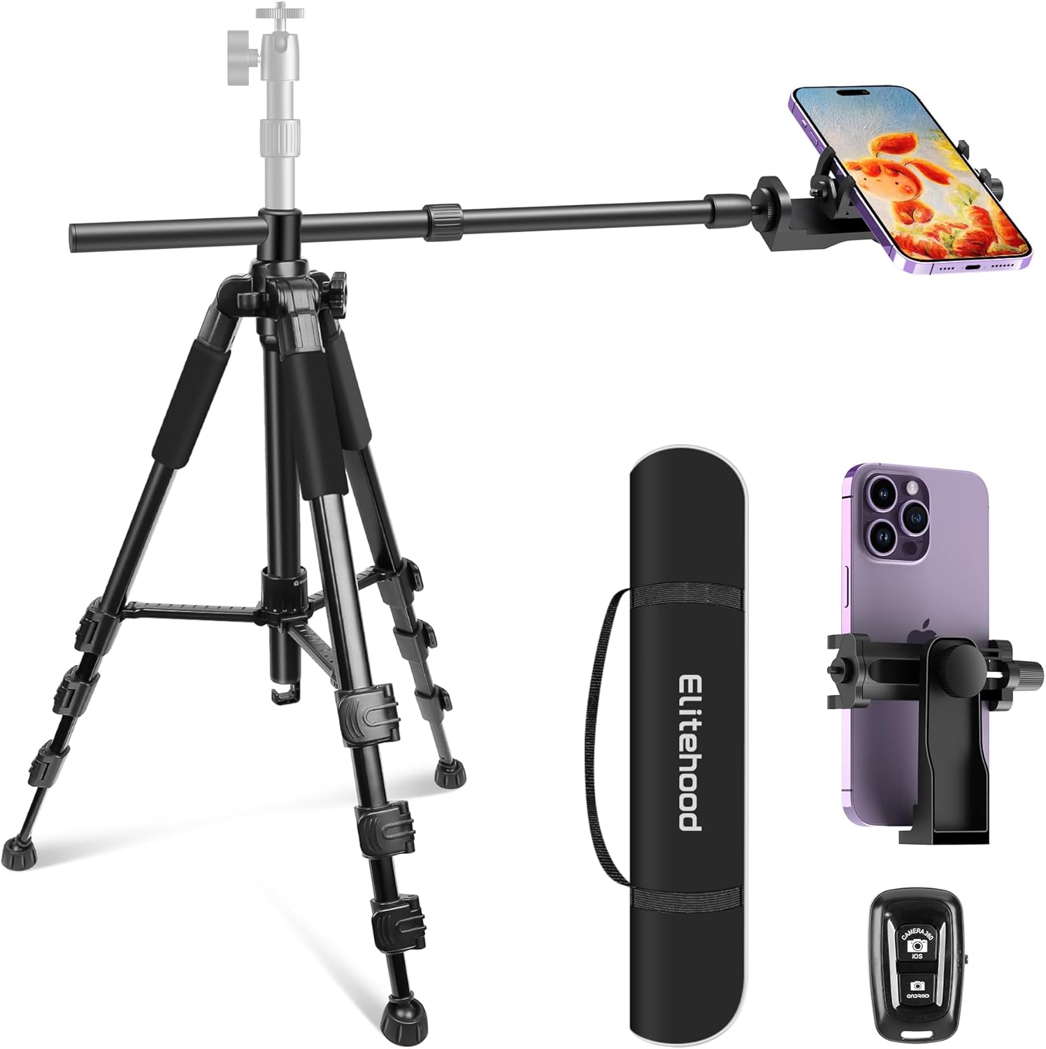 Elitehood Ultra-Stable Overhead Tripod for iPhone – Heavy Duty Aluminum iPhone Tripod Stand, 360°Adjustable & 25in Horizontal Long Phone Arm, Tall Phone Holder Stand Mount for Recording