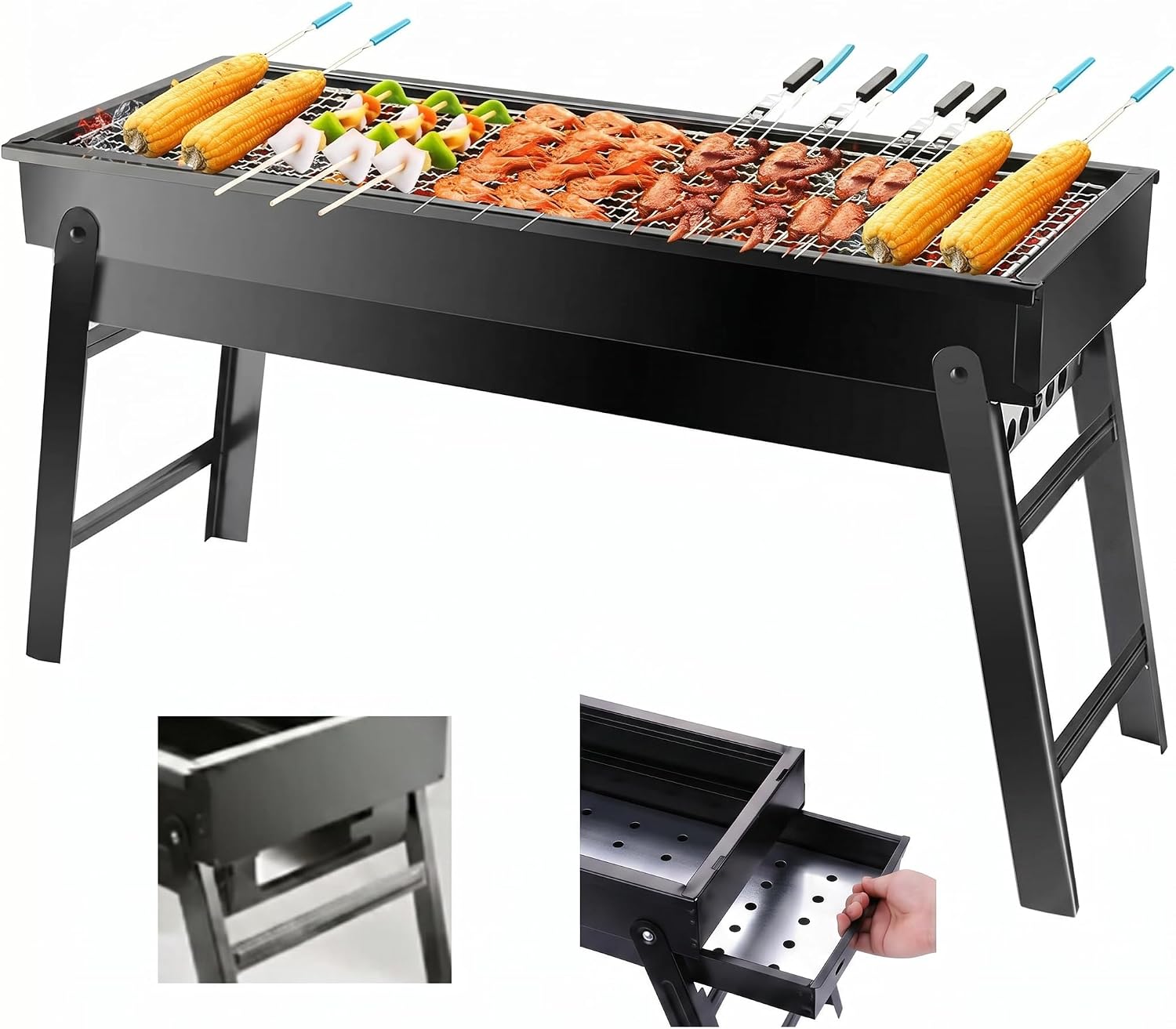 Portable Charcoal Barbecue Grill, Collapsible, Small, Outdoor Grilling Tools for Camping, Hiking, Picnics, Travel, 61 x 33 x 22 cm