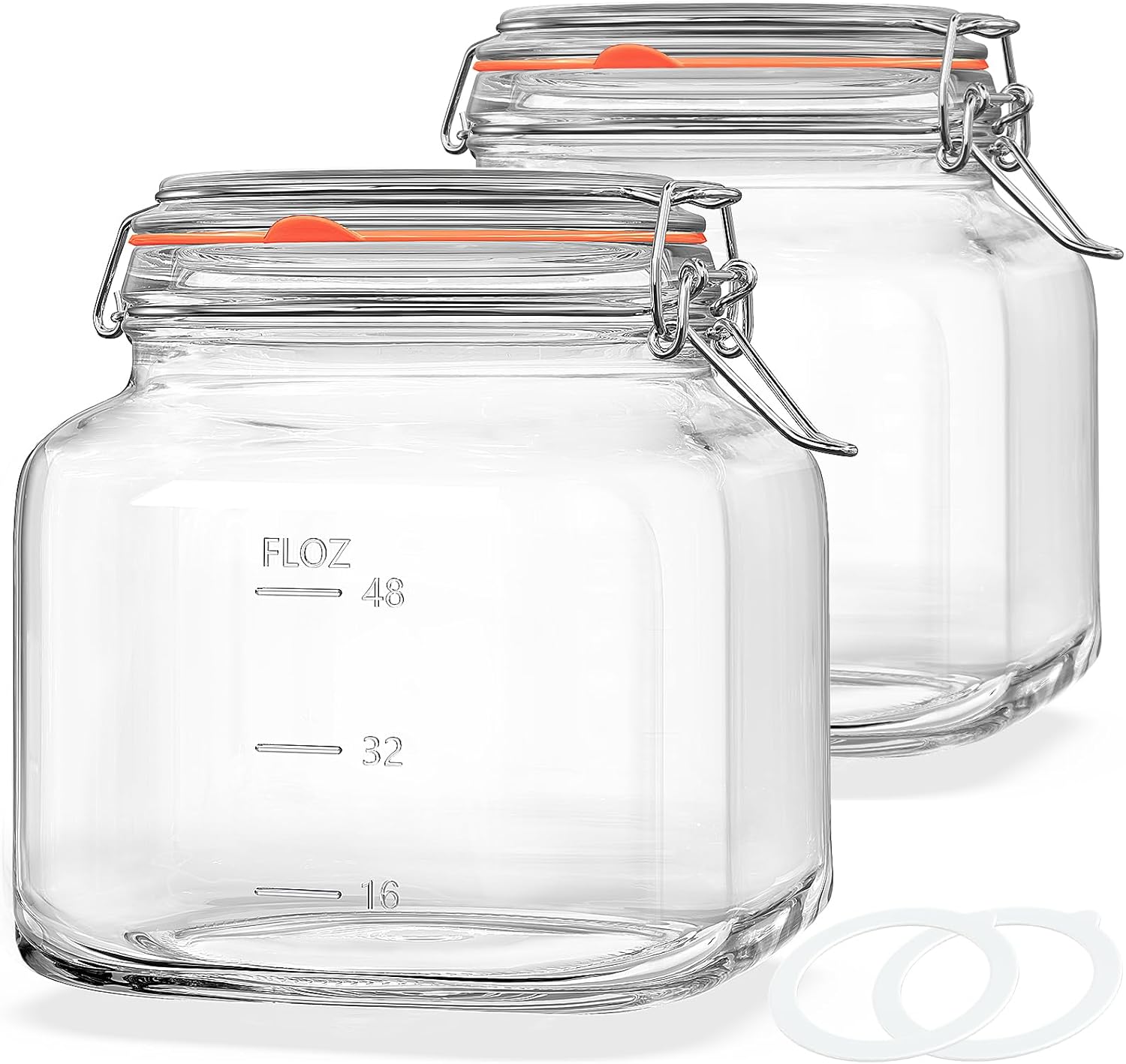 81oz Glass Jars with Airtight Lid, 2 Pack Glass Food Storage Jars with 2 Scale Marks, Square Glass Canisters for Flour, Cereal, Coffee, Pasta, Cookies, Pickle, 0.6 Gallon Wide Mouth Mason Jars