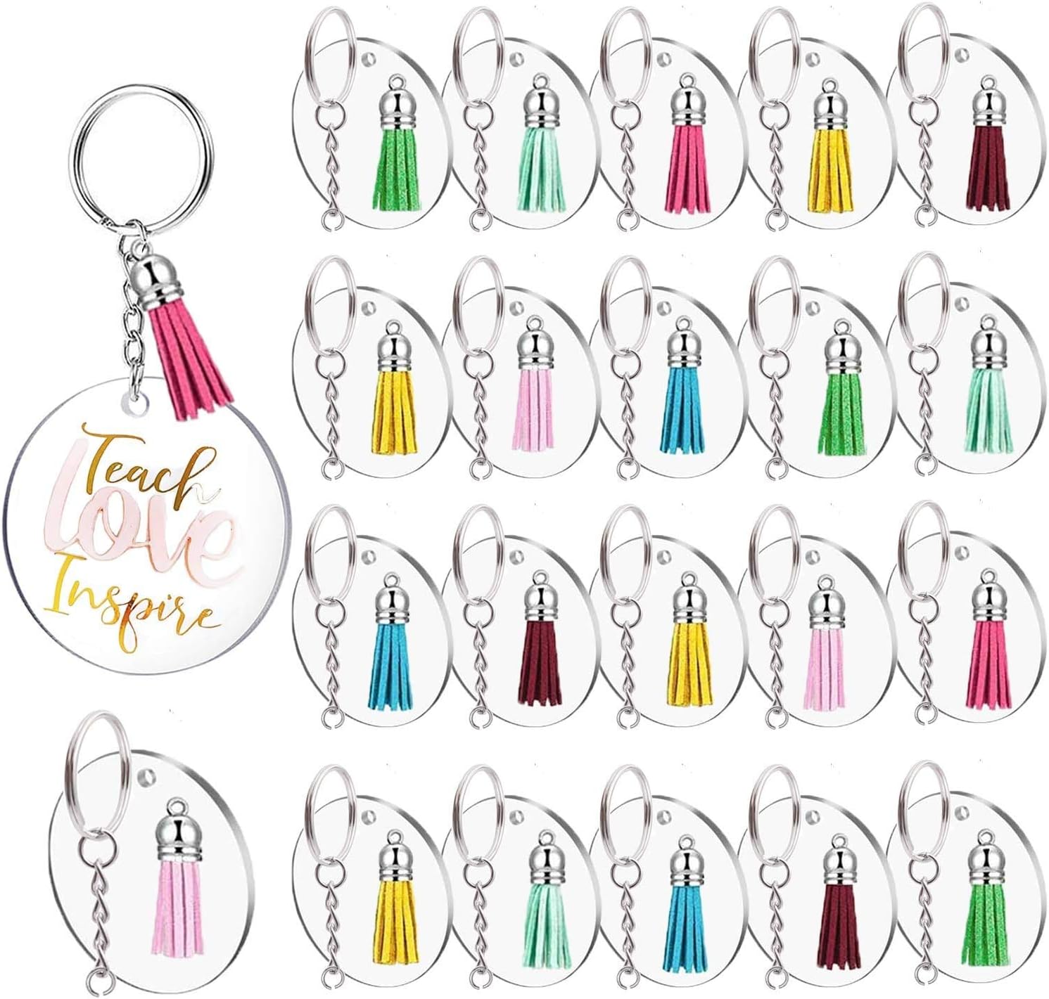 JINMURY 120 Pcs 2 Inch Acrylic Keychain Blanks | Clear Acrylic Circle Discs with Hole, Come with Silver 30 Tassles and 30 Keychain Rings, Perfect for DIY Keepsake, Monogram Keychains